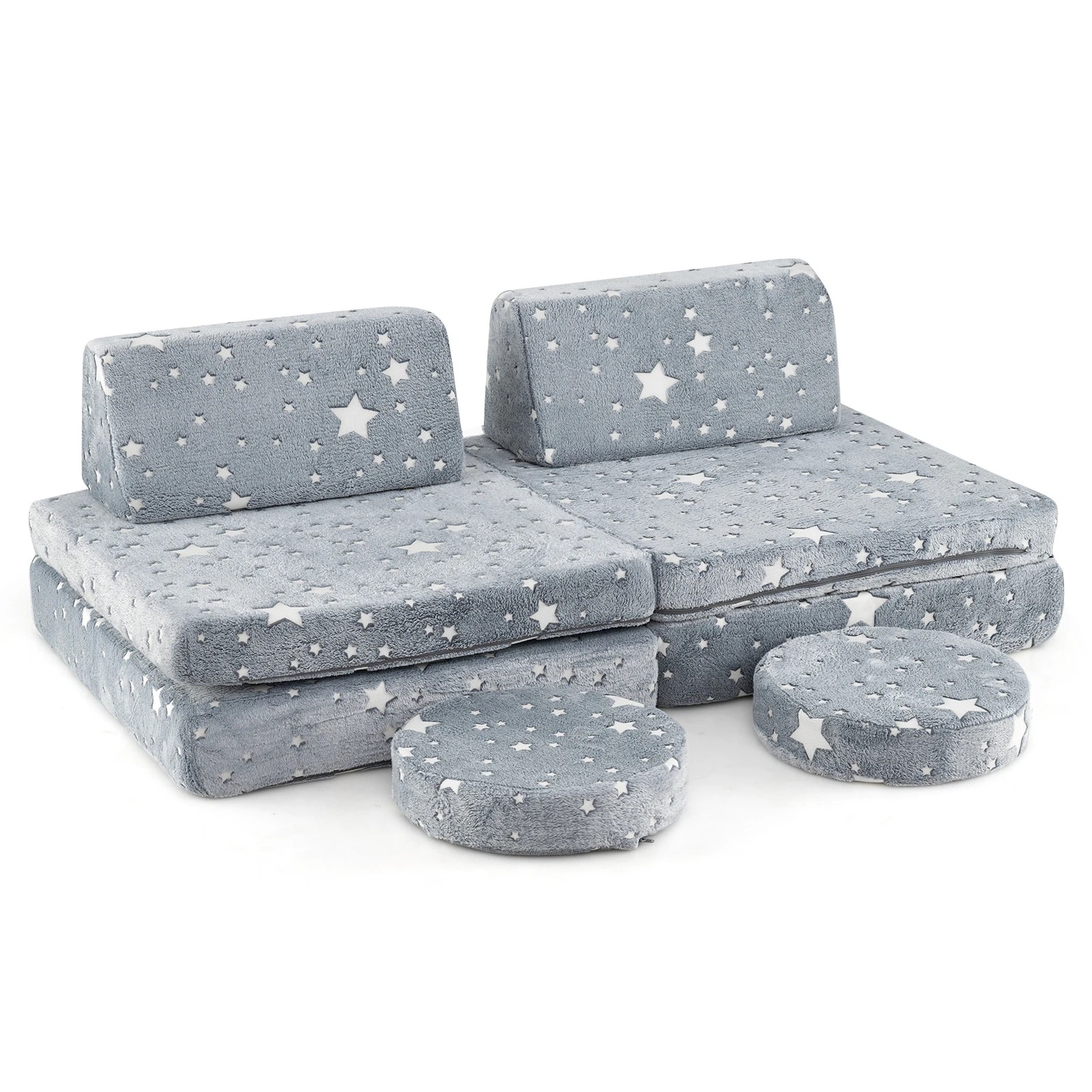 1 Costway 8PCS Modular Play Couch Set Glow in the Dark Fold Out Sofa - Grey, 1 of 2