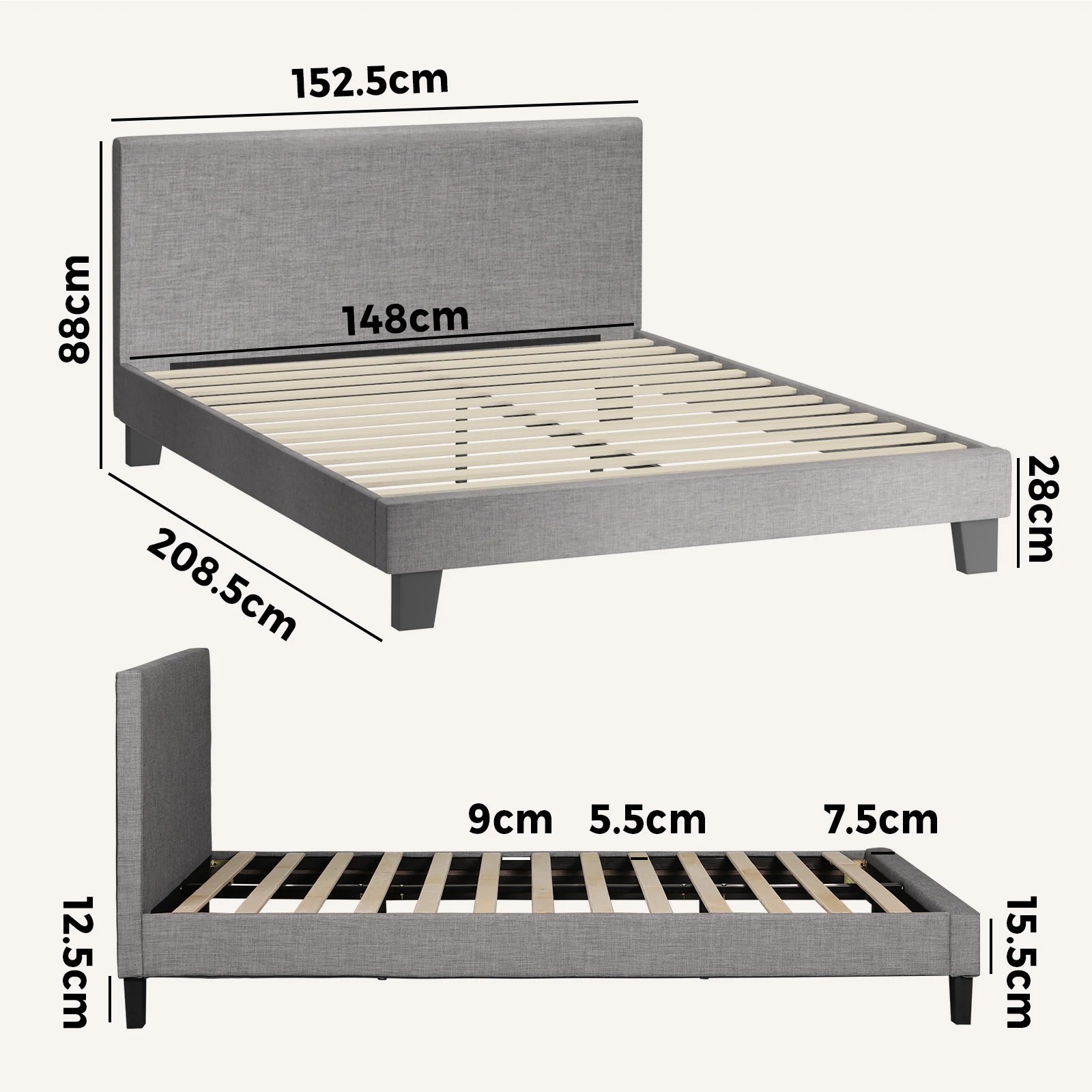 2 Oikiture Bed Frame Queen Size Wooden Slats Fabric - Grey, 2 of 10