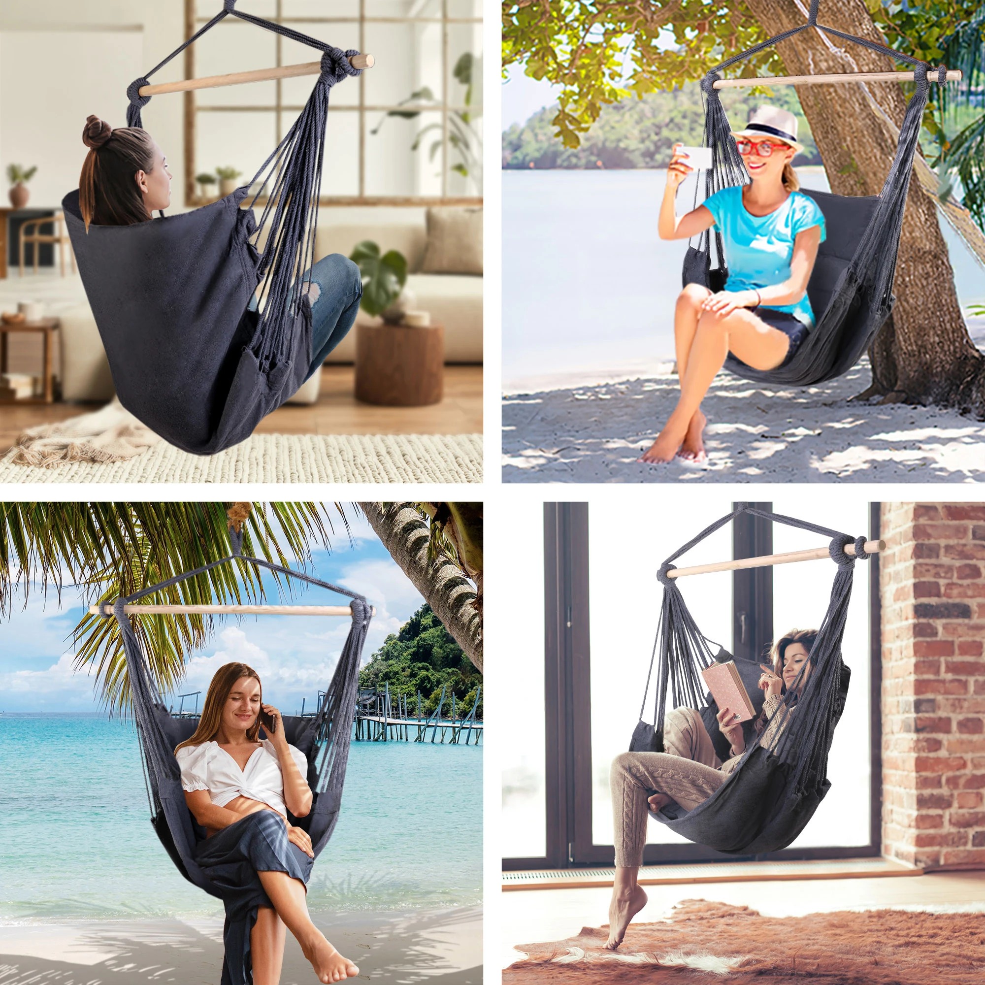 4 Gardeon Hammock Chair Outdoor Camping Hanging Hammocks Cushion Pillow - Grey, 4 of 7