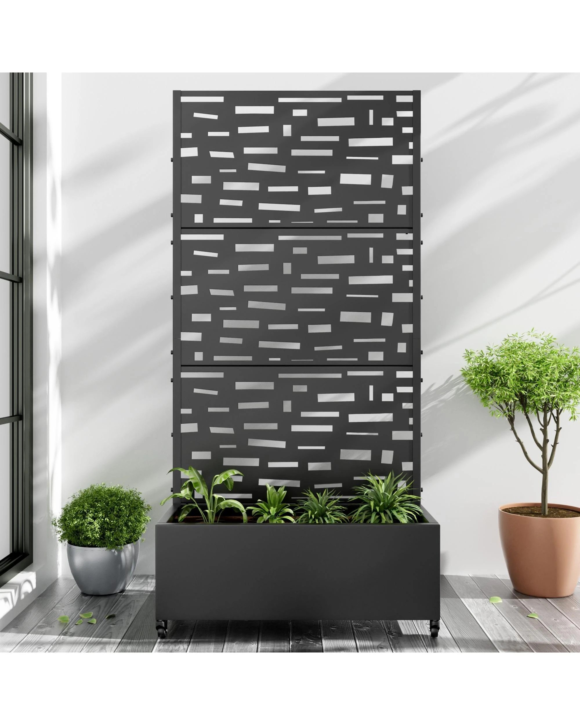 3 OAKORY 180cm Metal Planter Box with Privacy Screen and Lockable Wheels, Drainage Hole, Raised Garden Bed Design - Black, 3 of 5