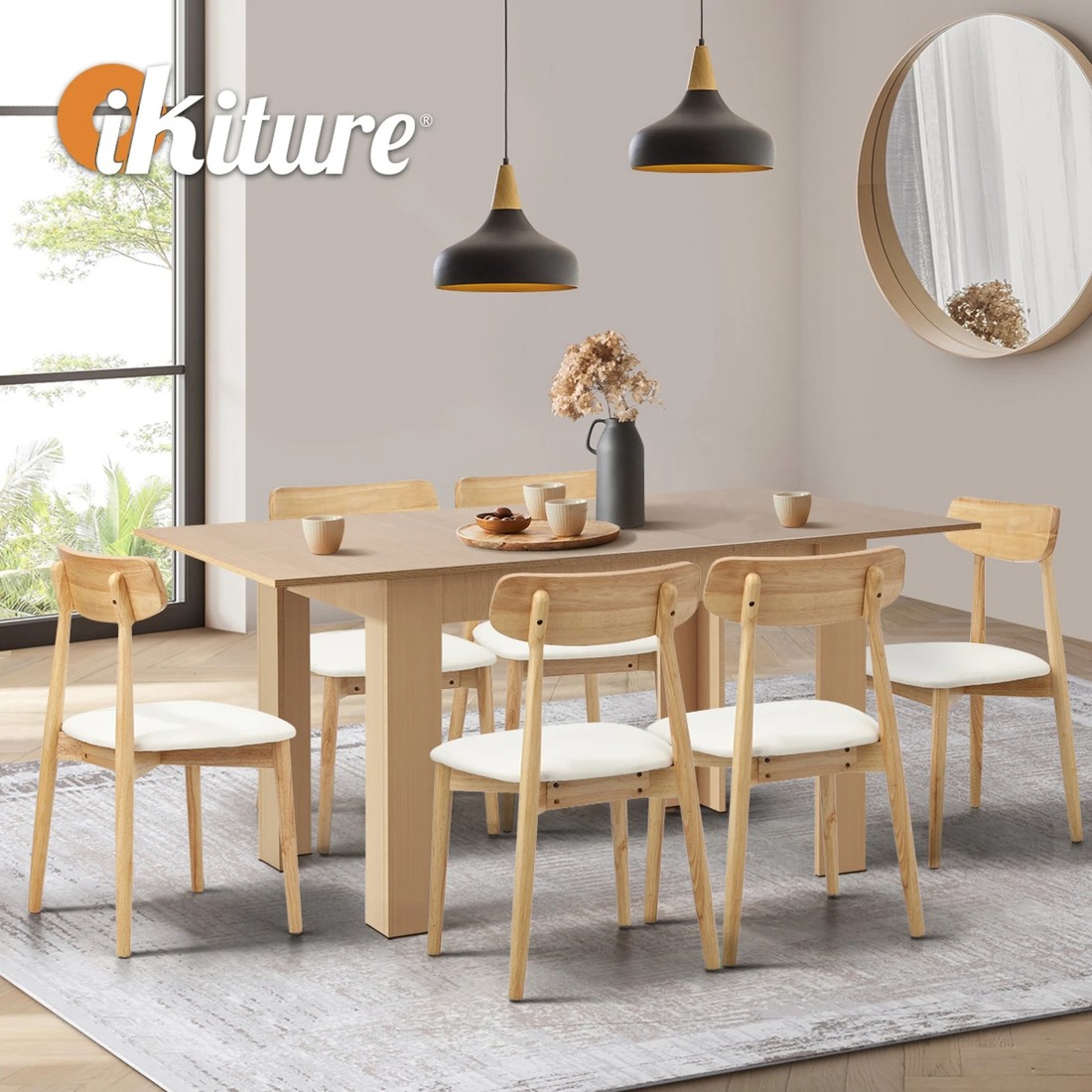 6 Oikiture 160cm Extendable Dining Table with 6x Dining Chairs PU Leather - Natural, 6 of 9