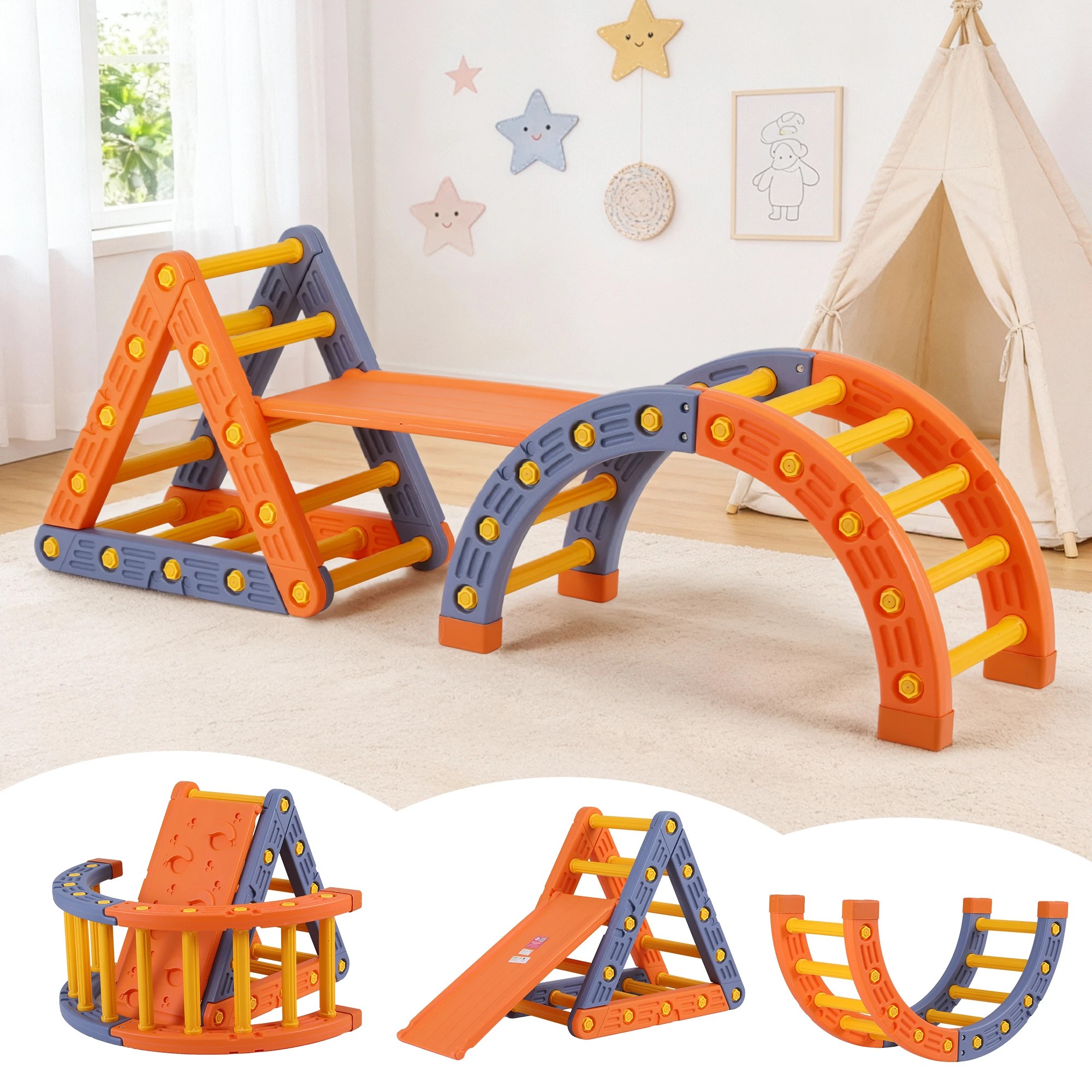 4 Keezi Kids Climbing Frame Set With Slide Indoor Outdoor Toddler Toys Pikler Triangle Climber With Arch - Orange, 4 of 5