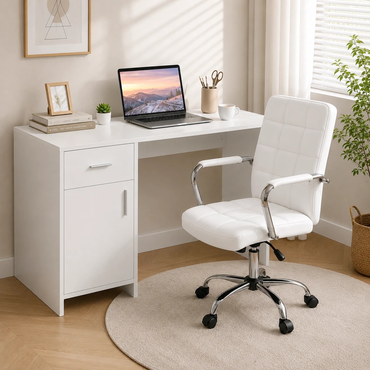 9 Artiss Office Desk and Chair Set 100cm Computer Desk PU Leather Office Chair Home Office Study - White, 9 of 9