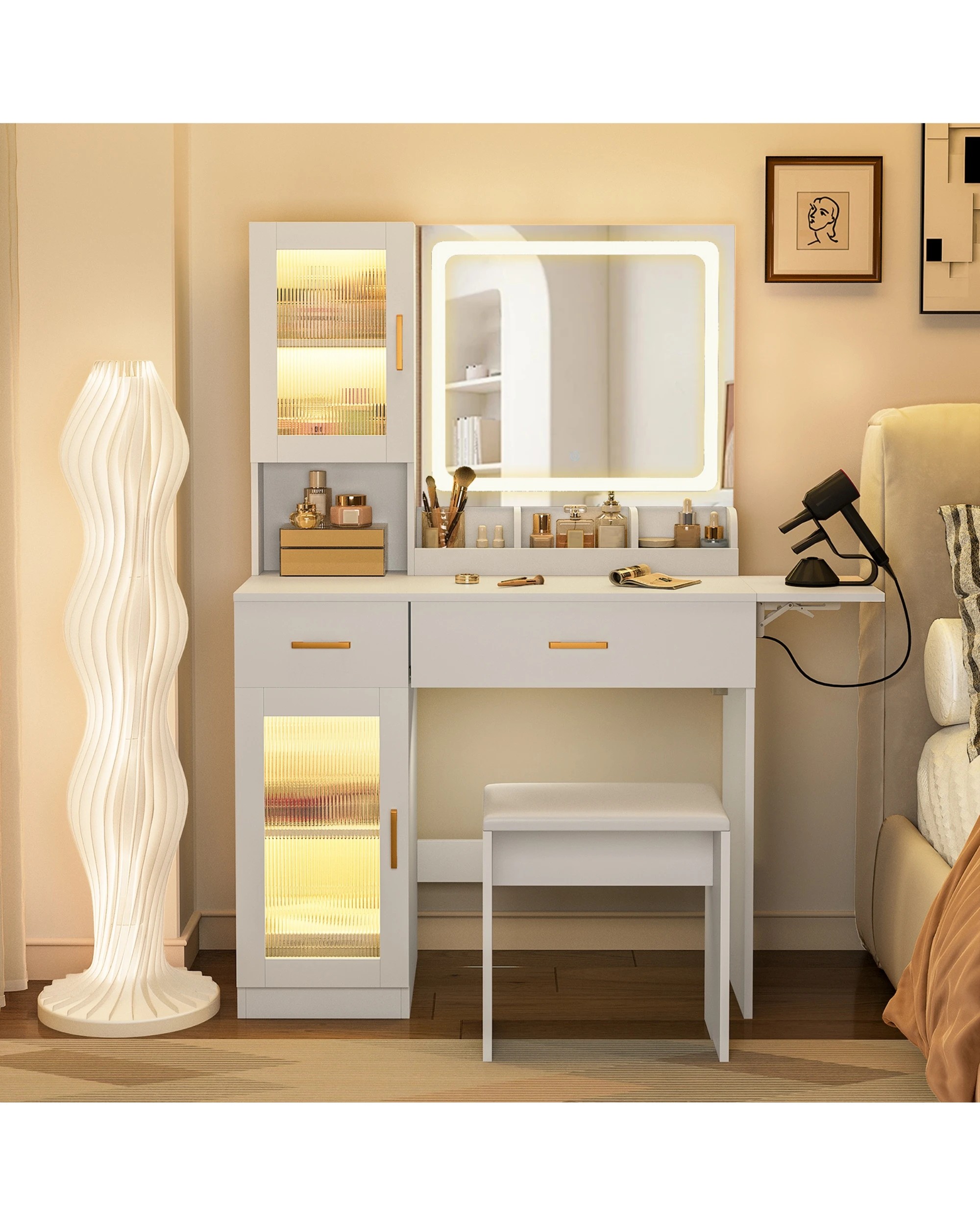 3 Advwin Dressing Table with LED Mirror,RGB Cabinet, Charging Station & Foldable Countertop - White, 3 of 10