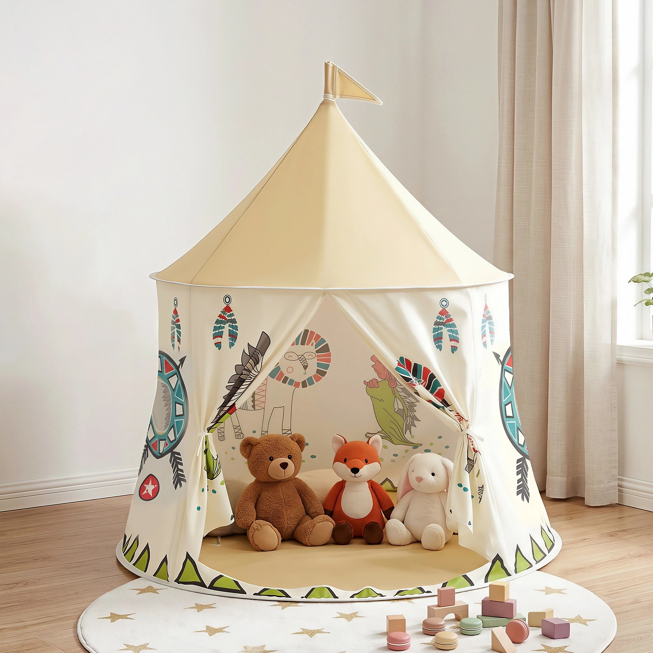 4 Keezi Kids Play Tent Playhouse Castle with Window Carry Bag 115cmx115cm Cute Flag - Multi, 4 of 7