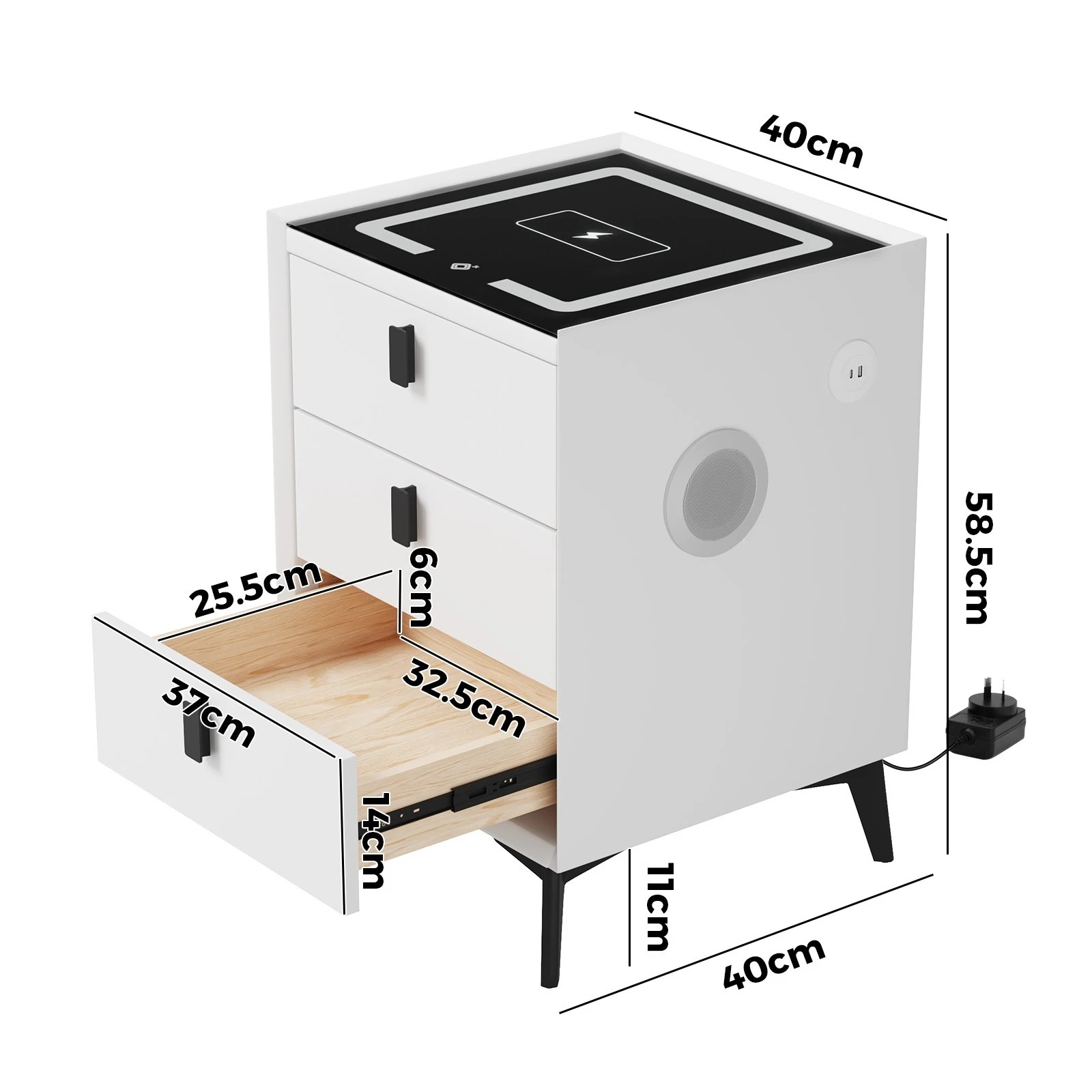 2 Oikiture Set of 2 Smart Bedside Tables Wireless Charging LED 3 Drawer Nightstand - White, 2 of 7