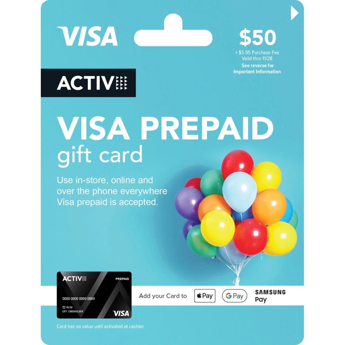 1 Activ VISA $50 Balloons Prepaid Gift Card