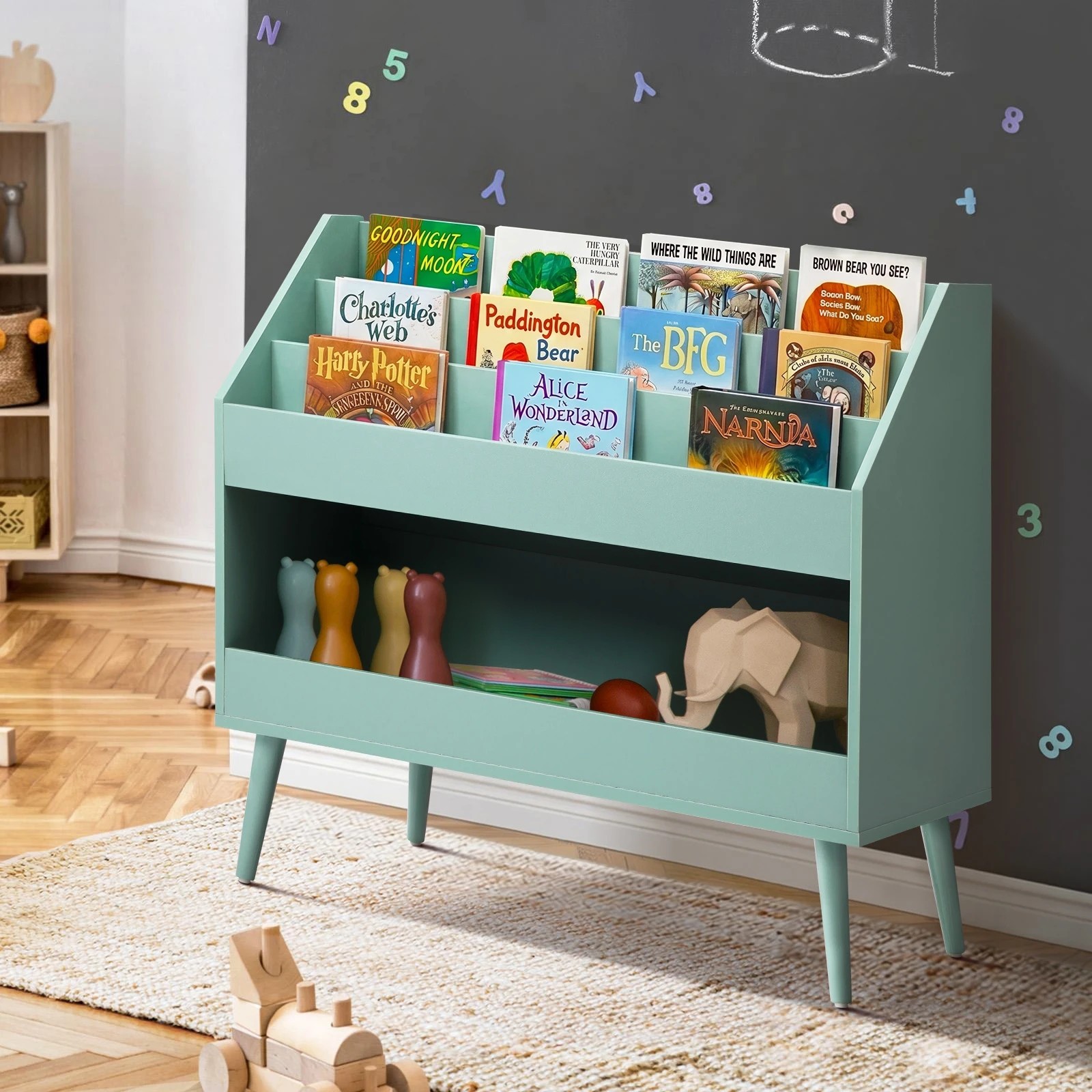 3 Oikiture Kids Bookshelf Children Bookcase Organiser Toy Storage Shelf - Green, 3 of 8