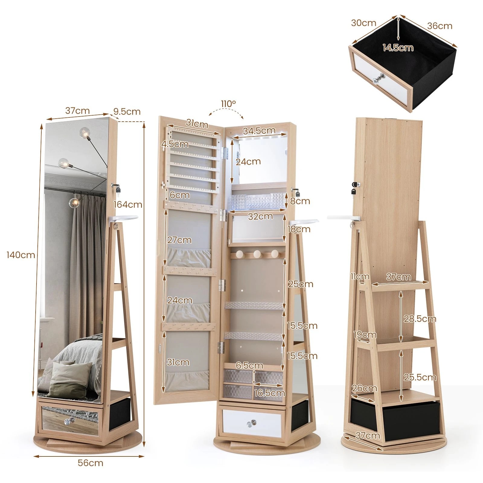 3 Costway 1.64M Swivel Jewellery Cabinet Mirror Lockable Armoire w/Hair Dryer Rack Storage Shelves - Natural, 3 of 4