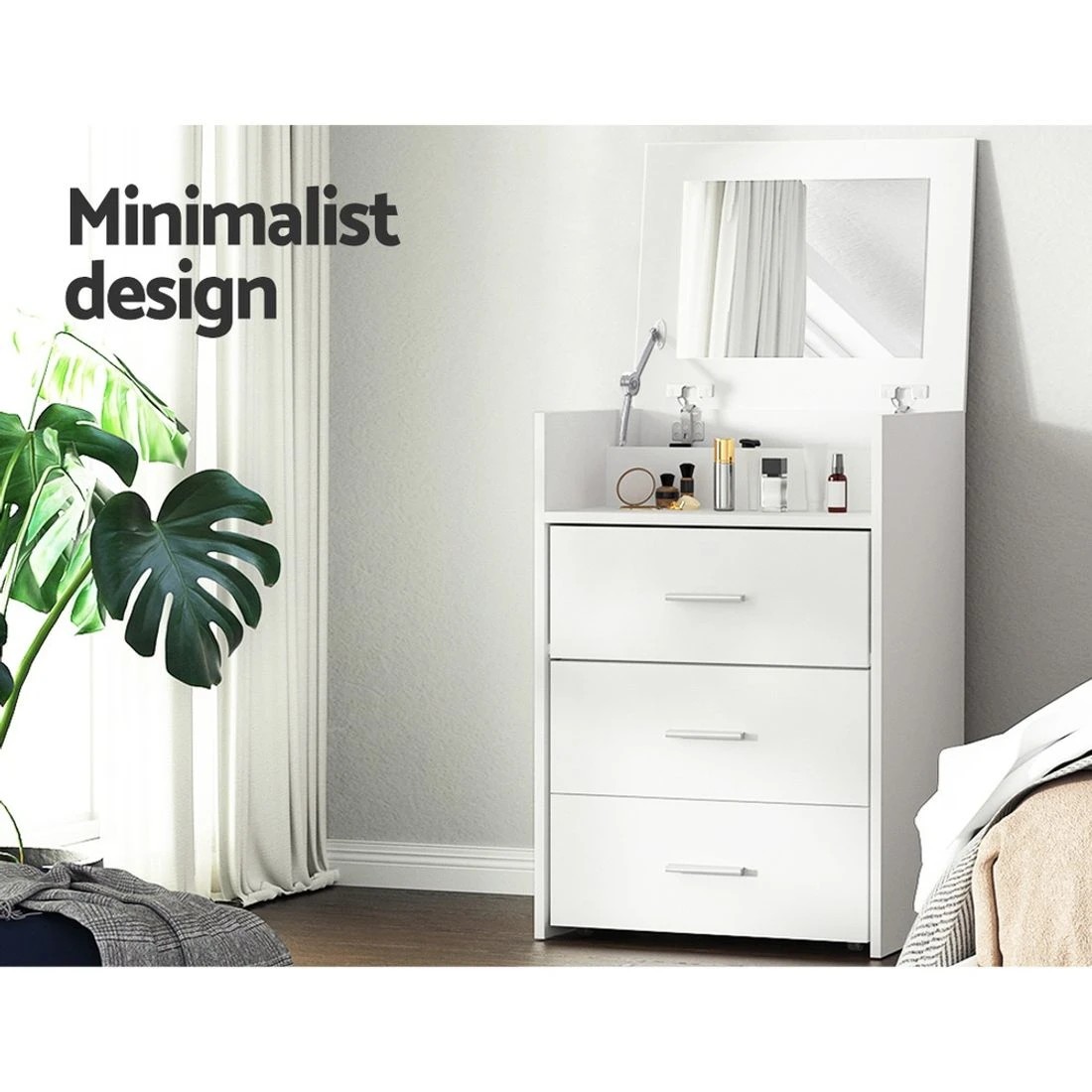 5 Artiss 2-in-1 Dressing Table Stool Set Bedside Table Vanity Mirror Stool Set Makeup Storage Easy Assembly - White, 5 of 8