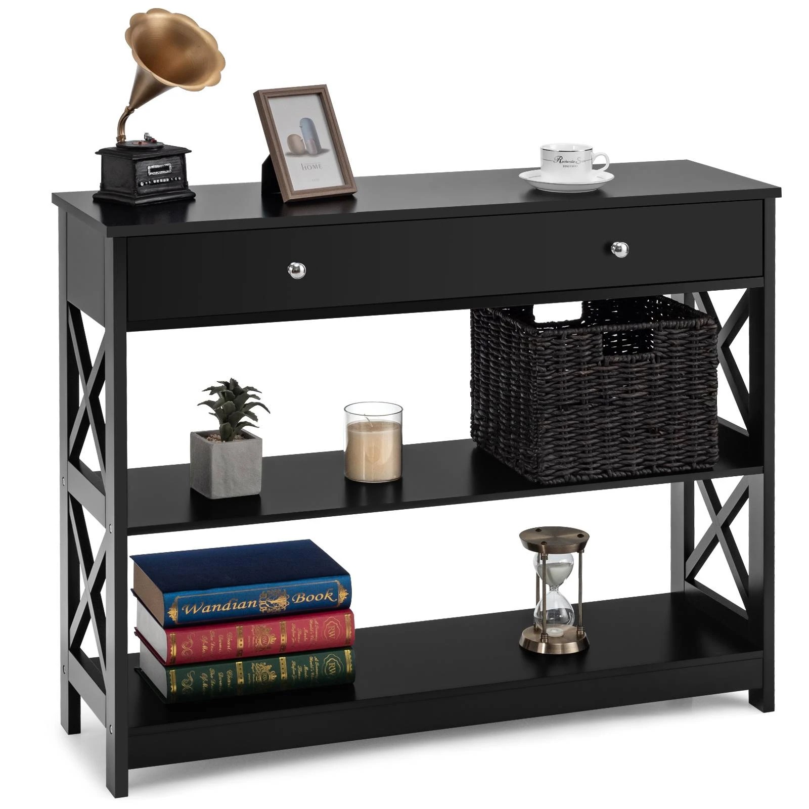 5 Costway 3-Tier Console Table w/Drawer Display Table - Black, 5 of 6