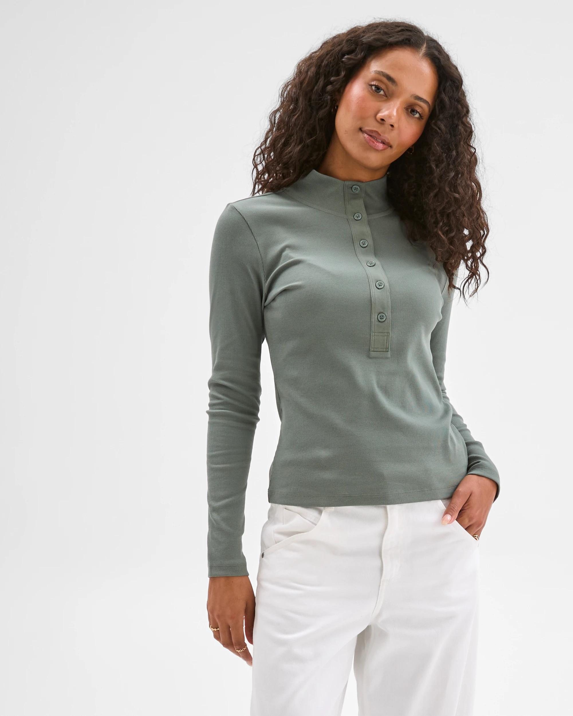 1 Target Woman Australian Cotton Long Sleeve Mock Neck Henley Top DUSTY KHAKI, 1 of 5