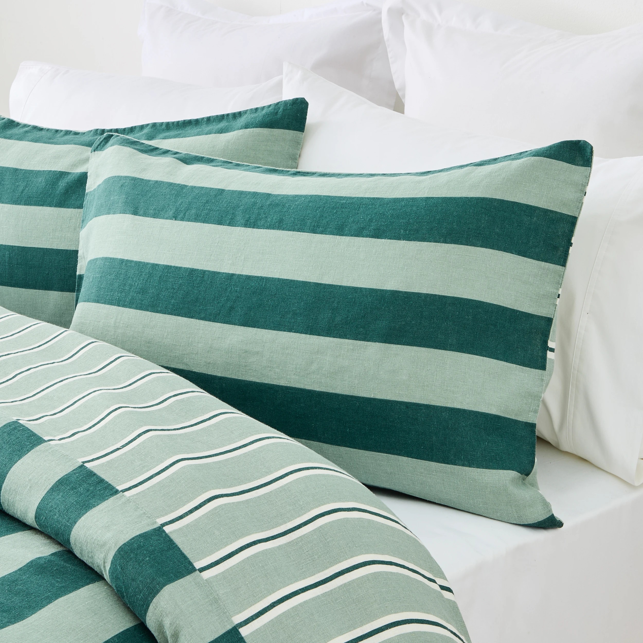 3 Striped Linen Cotton Reversible Quilt Cover Set - Queen Bed, Green, 3 of 8