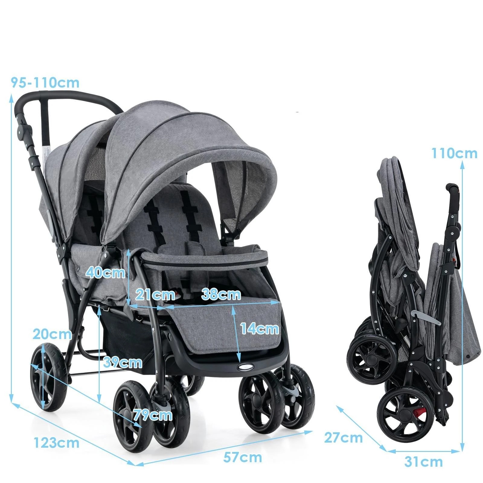 2 Costway Baby Stroller Twin Pram Travel Pushchair, 2 of 4