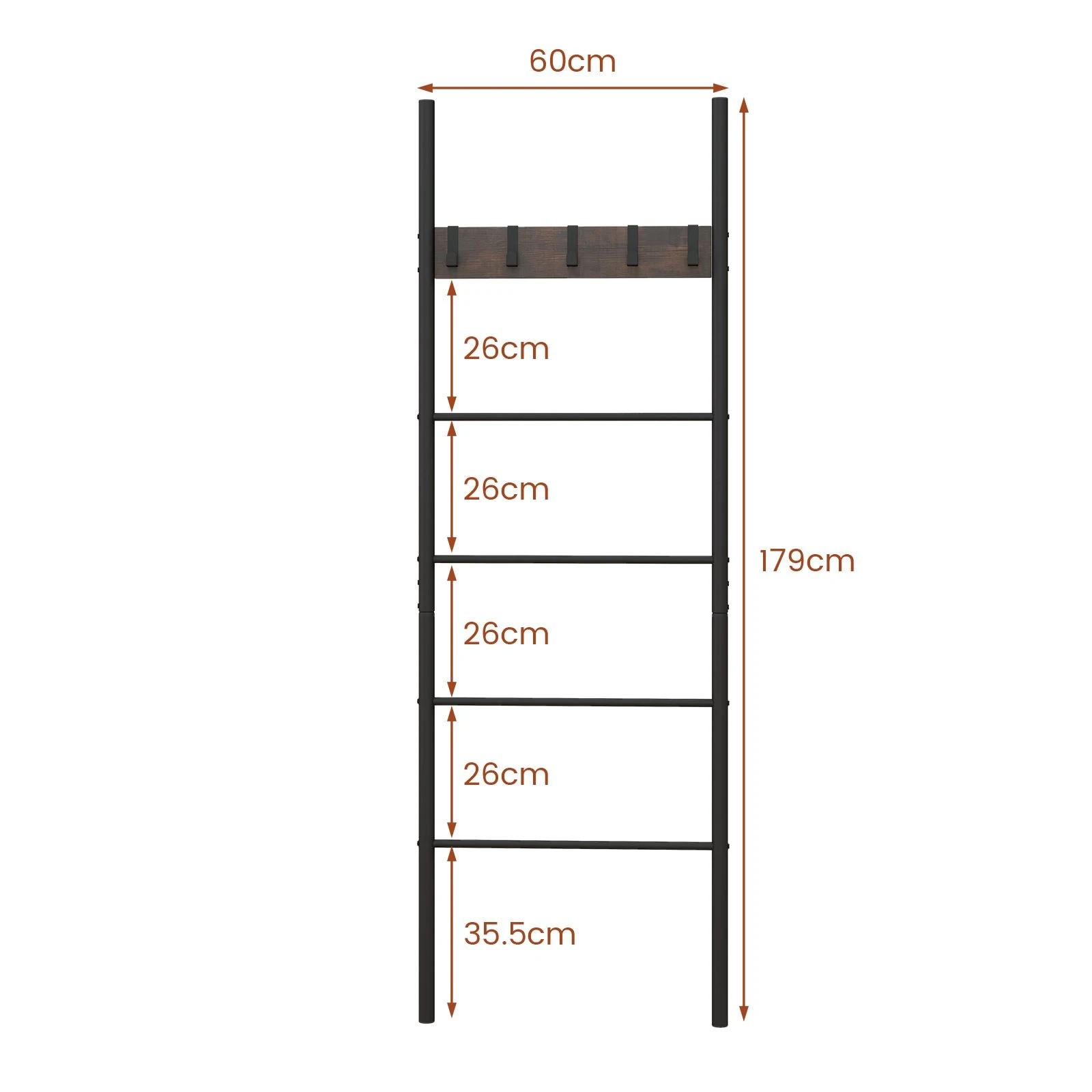 4 Costway 5-Tier Ladder Shelf Wall Leaning Blanket Ladder Rack w/5 Removable Hooks, 4 of 4