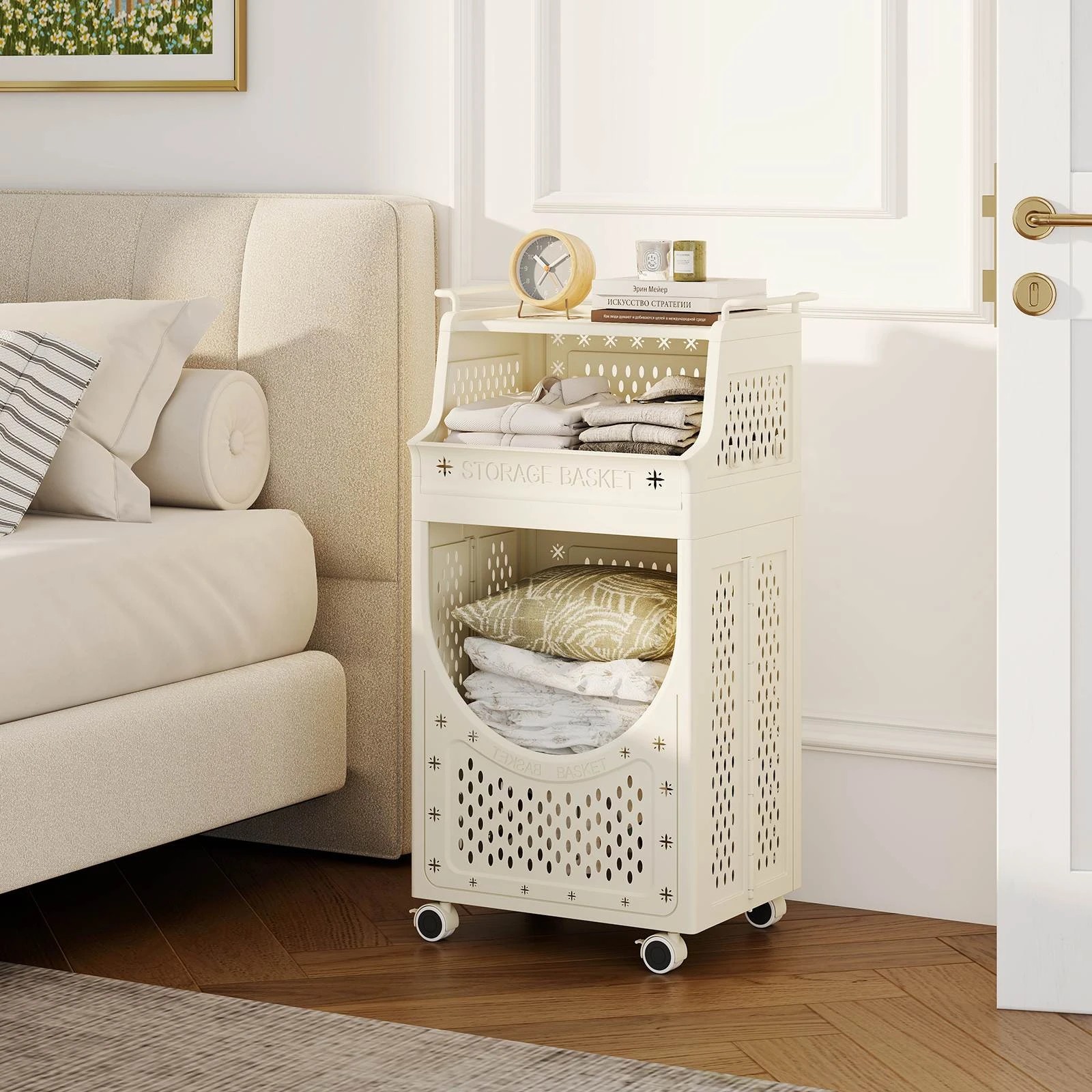 3 Costway 3-Tier 61L Laundry Cart Folding Hamper w/6 Hanging Hooks Utility Cart, 3 of 5