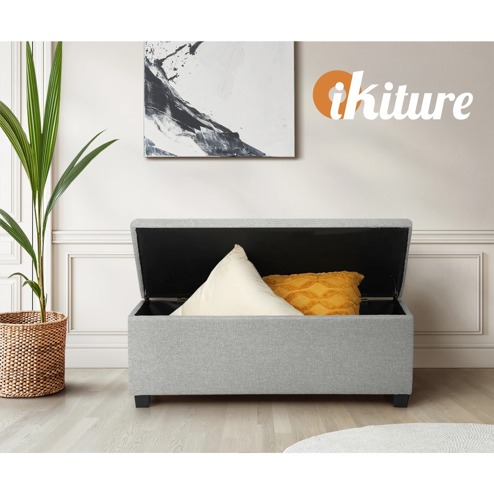 9 Oikiture Storage Ottoman Blanket Box Faux Linen Chest Toy Foot Stool Large
 - Grey, 9 of 10