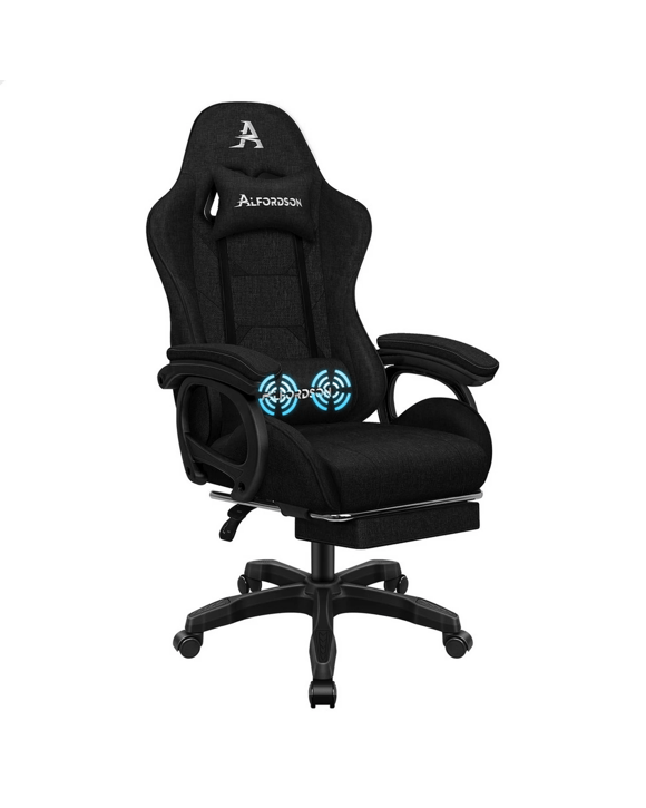 Alfordson Gaming Chair Office Massage Computer Racing Fabric Seat Footrest - Black