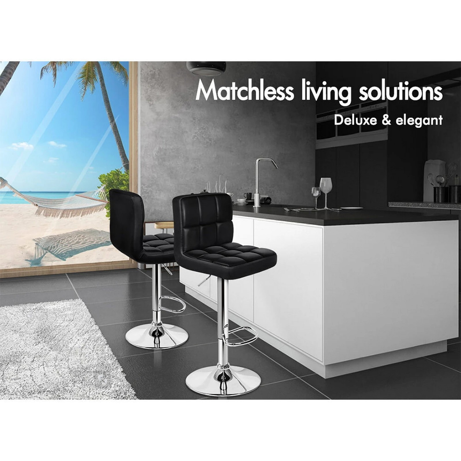 2 ALFORDSON 2x Bar Stools Ralph Kitchen Swivel Chair Leather Gas Lift - Black, 2 of 5