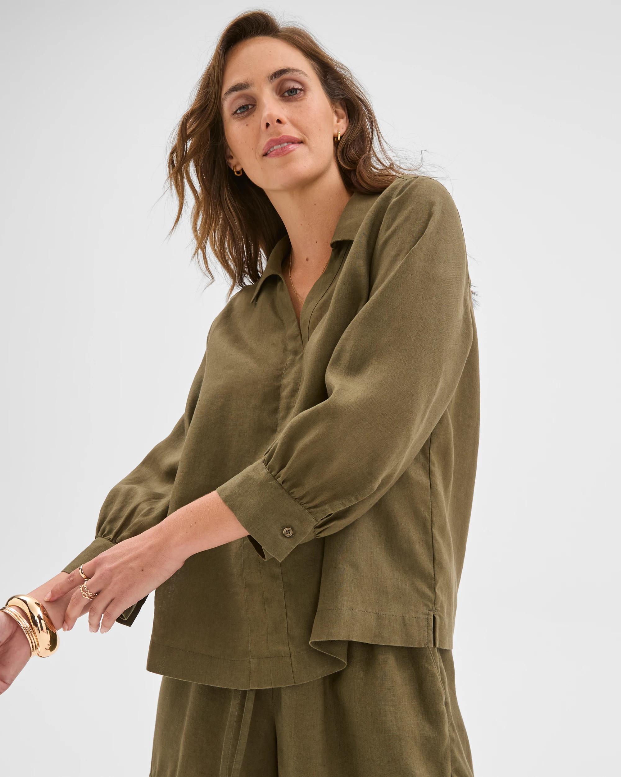 2 Target Woman European Linen Long Sleeve Popover Top DUSTY MOSS, 2 of 5