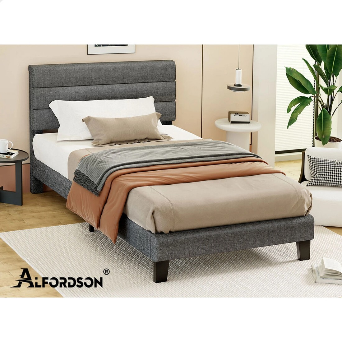10 Alfordson Bed Frame Single Size Upholstered Platform Fabric Harlene - Grey, 10 of 10