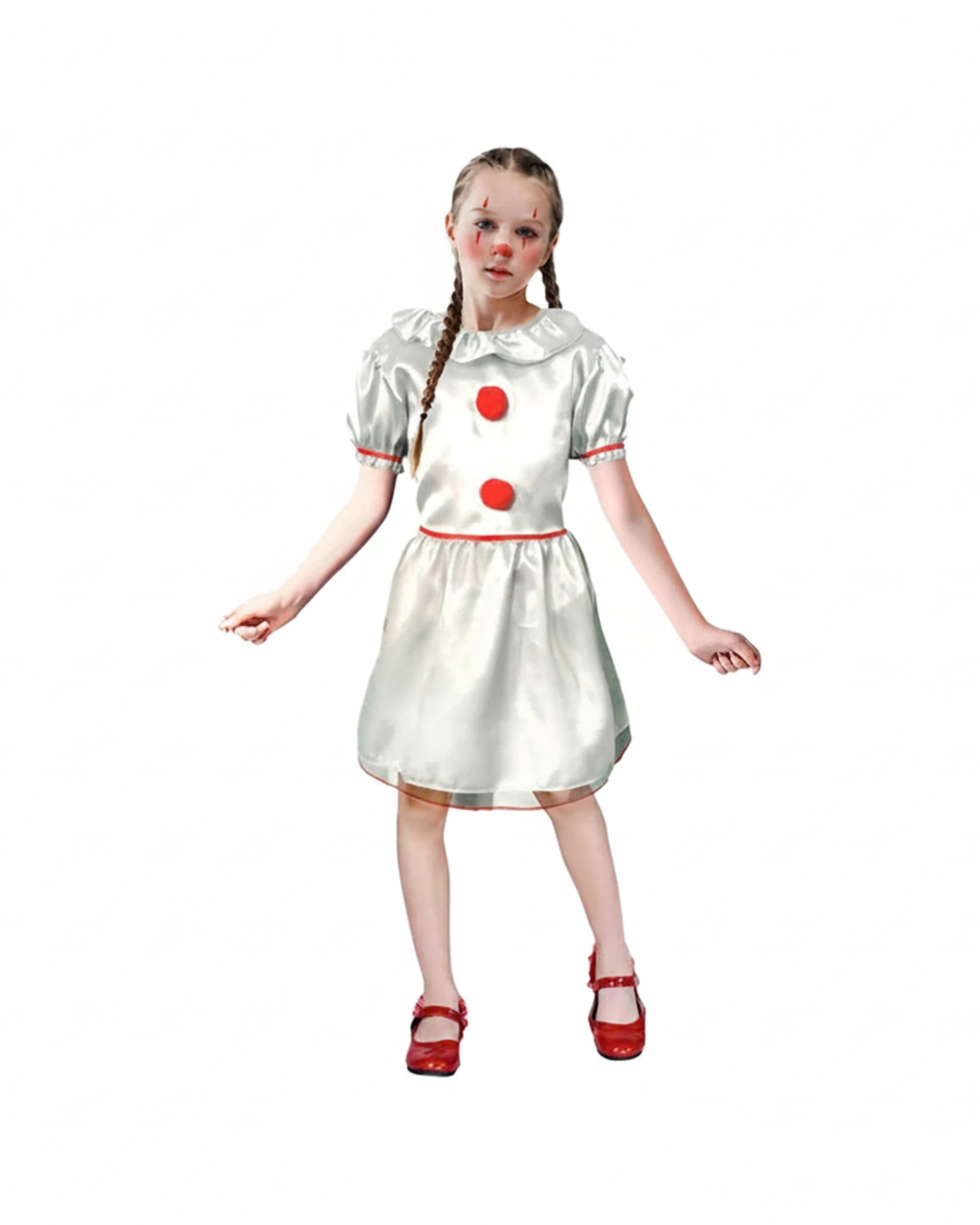 1 JD Party Kids Halloween Evil Clown Costume Shiny Dress Pom-Poms 10-12y - White, 1 of 1