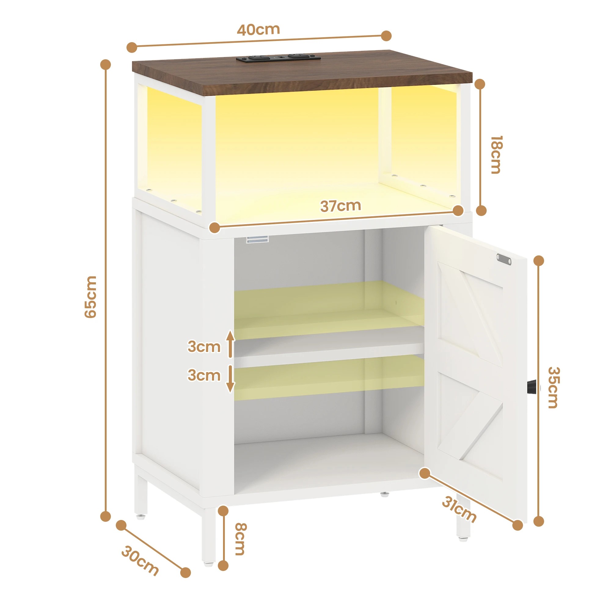 3 Advwin Set of 2 Farmhouse Bedside Table with Charging Station & LED Light - White, 3 of 7