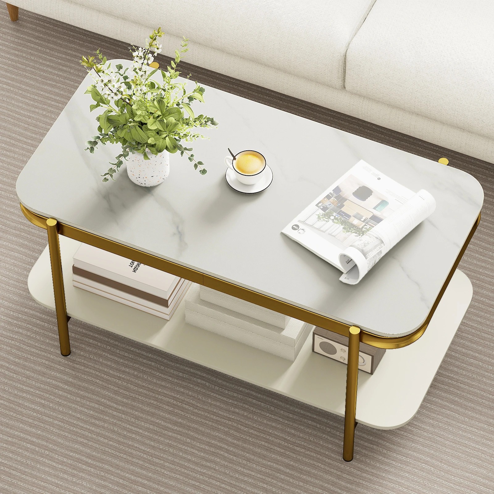 4 Costway 2-Tier Coffee Table Rectangular Center Table Luxurious Accent Cocktail Table, 4 of 6
