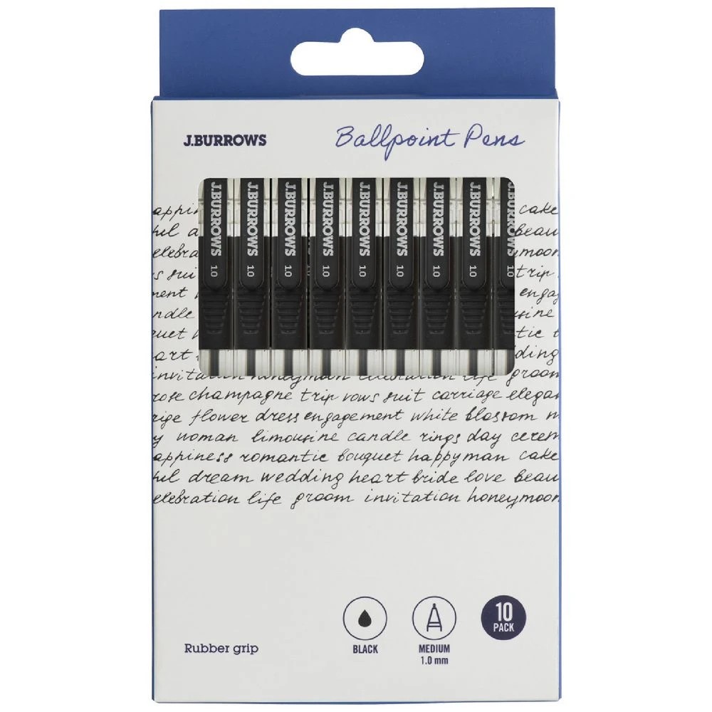 1 J.Burrows Grip Ballpoint Pens 1.0mm Black 10 Pack, 1 of 2
