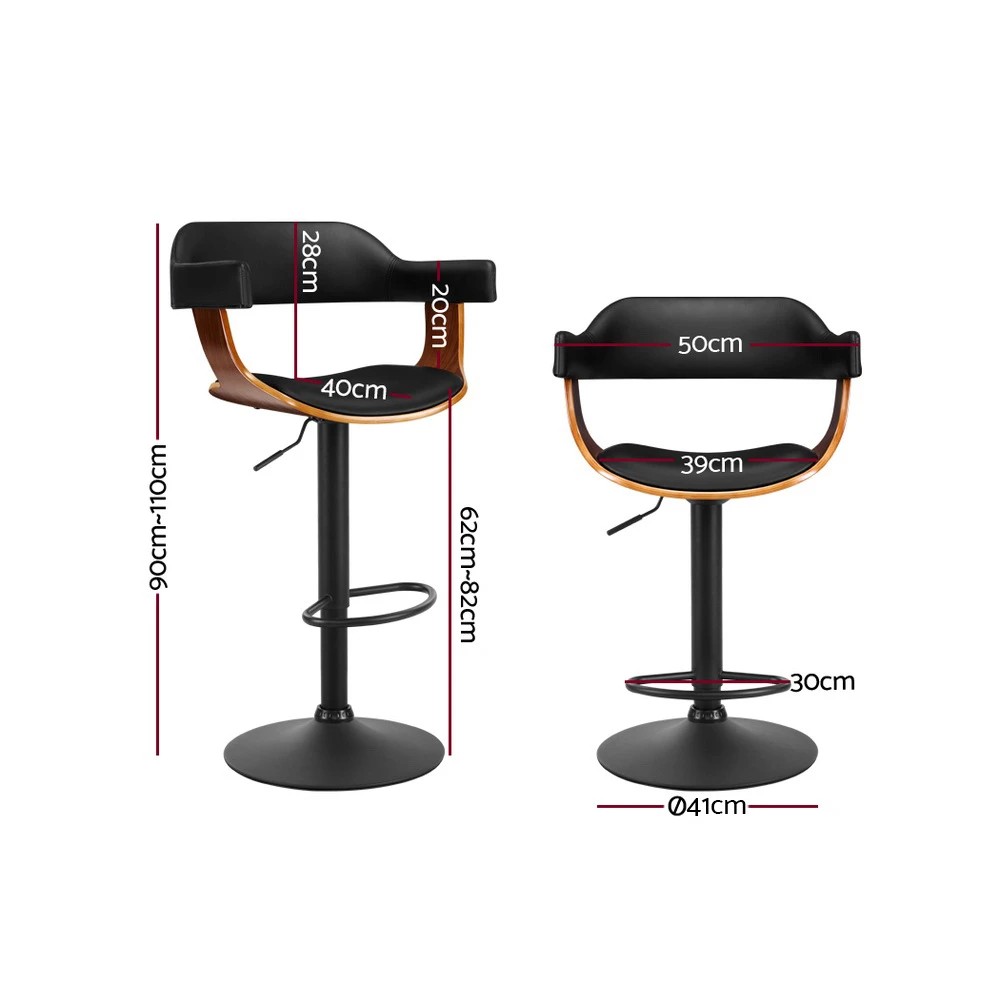 2 Artiss Bar Stools Gas Lift Leather w/Armrest All - Black, 2 of 5