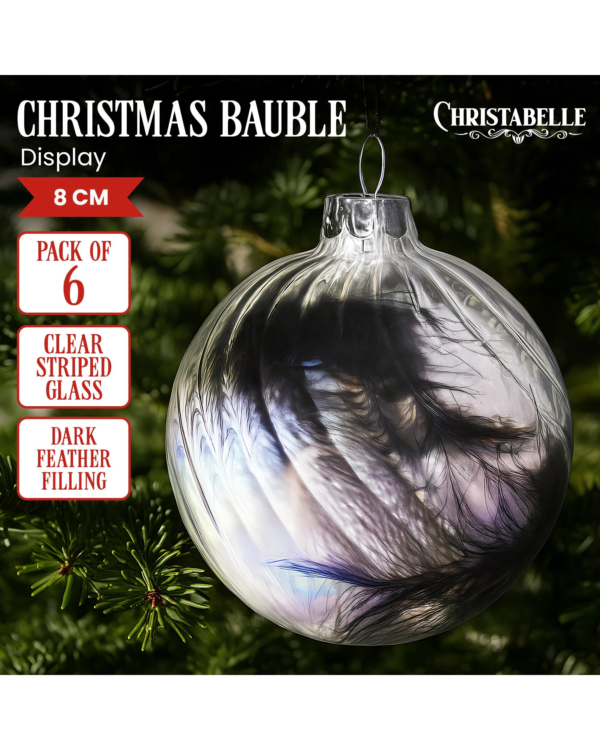 2 Christabelle Clear Striped Glass Baubles 6Pcs Filled with Feathers Balls Christmas Tree Decoration Ornament, 2 of 7