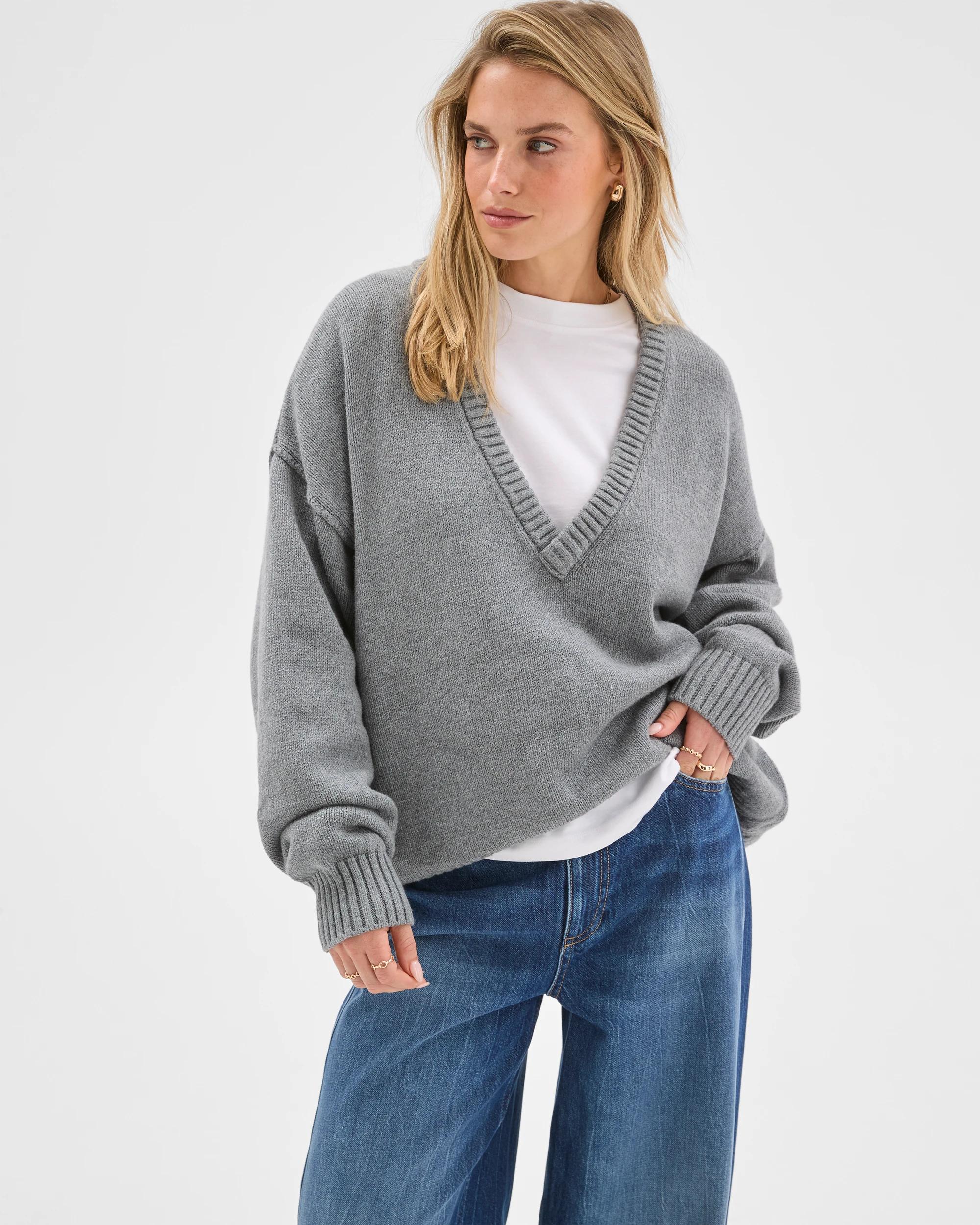 4 Lily Loves Australian Cotton Blend Deep V-Neck Jumper GREY MARLE, 4 of 7