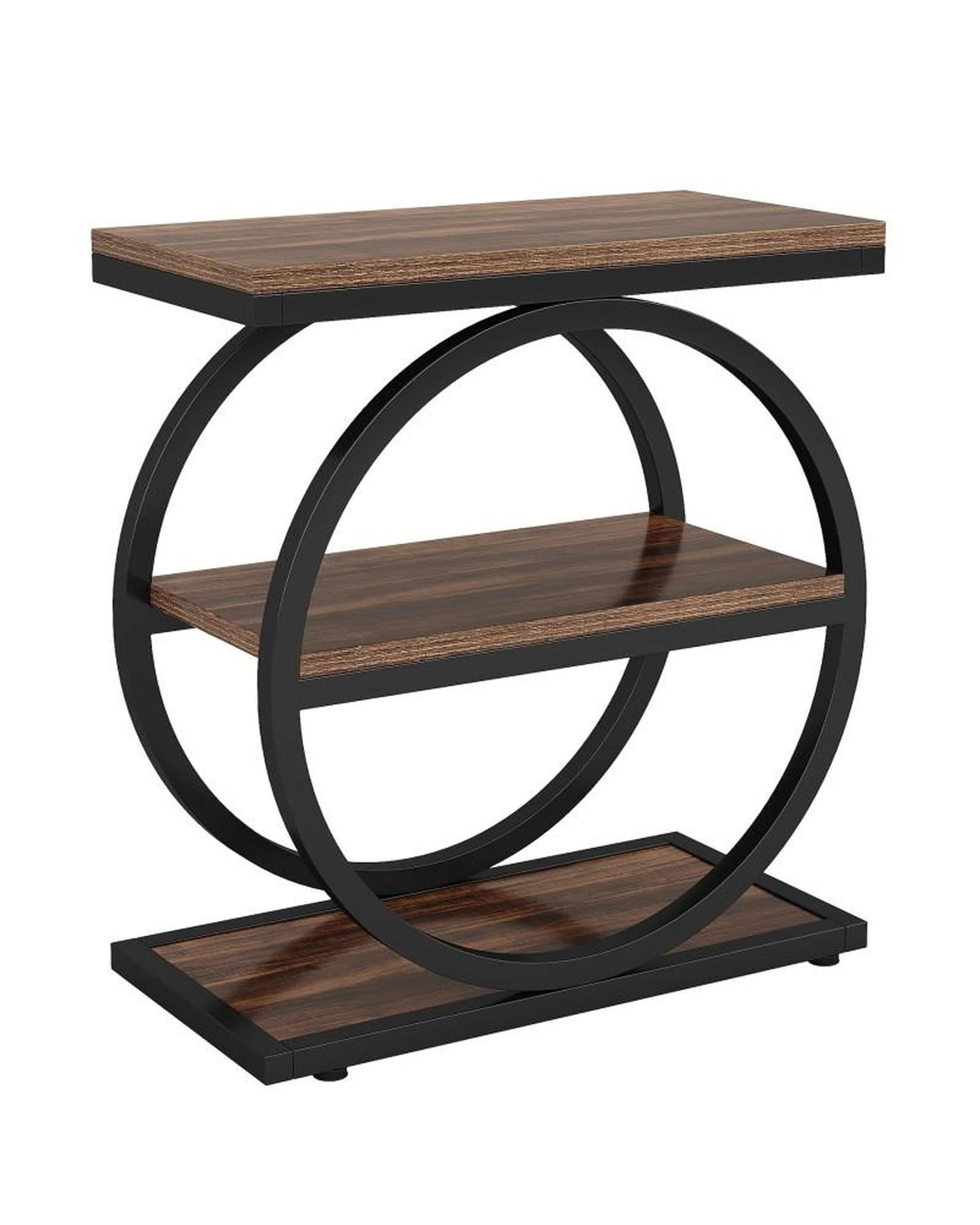 1 OAKORY 60cm End Table, Narrow 30cm Wide with Rustic Brown Storage Shelves Black Metal Frame, 1 of 7