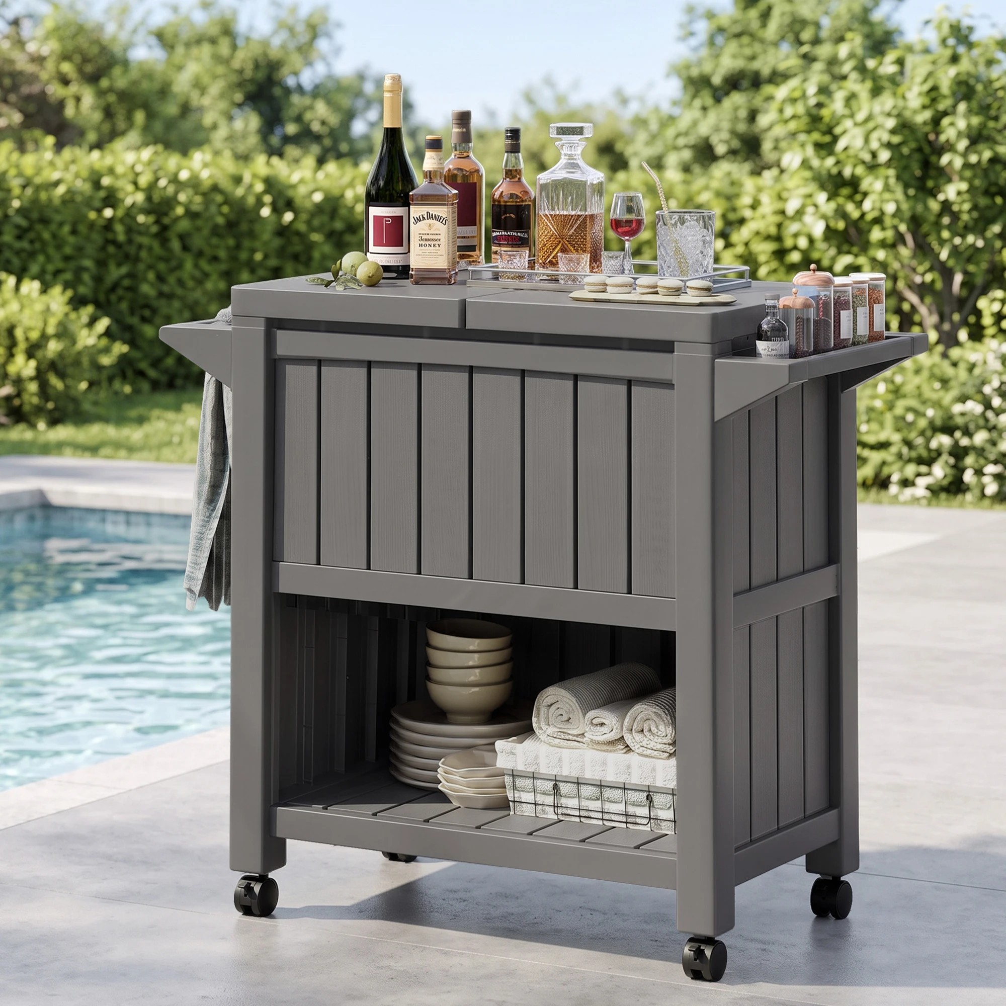 4 Gardeon Outdoor Storage Cabinet Box 80L Ice Bucket Cooler Rolling Serving Cart Kitchen Trolley - Brown, 4 of 7