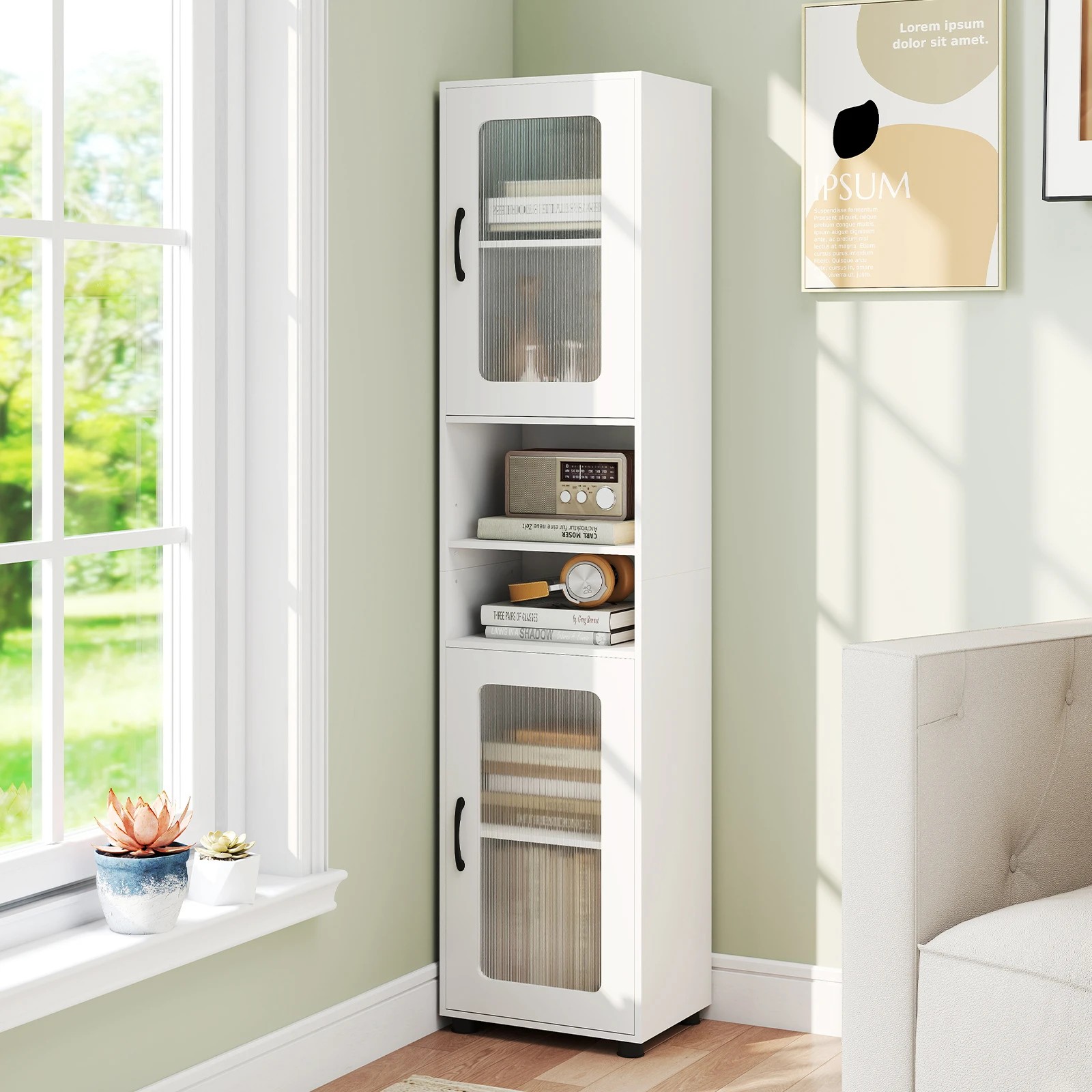 4 Costway 1.7M Bathroom Storage Cabinet Slim Sideboard w/2 Fluted Doors - White, 4 of 8