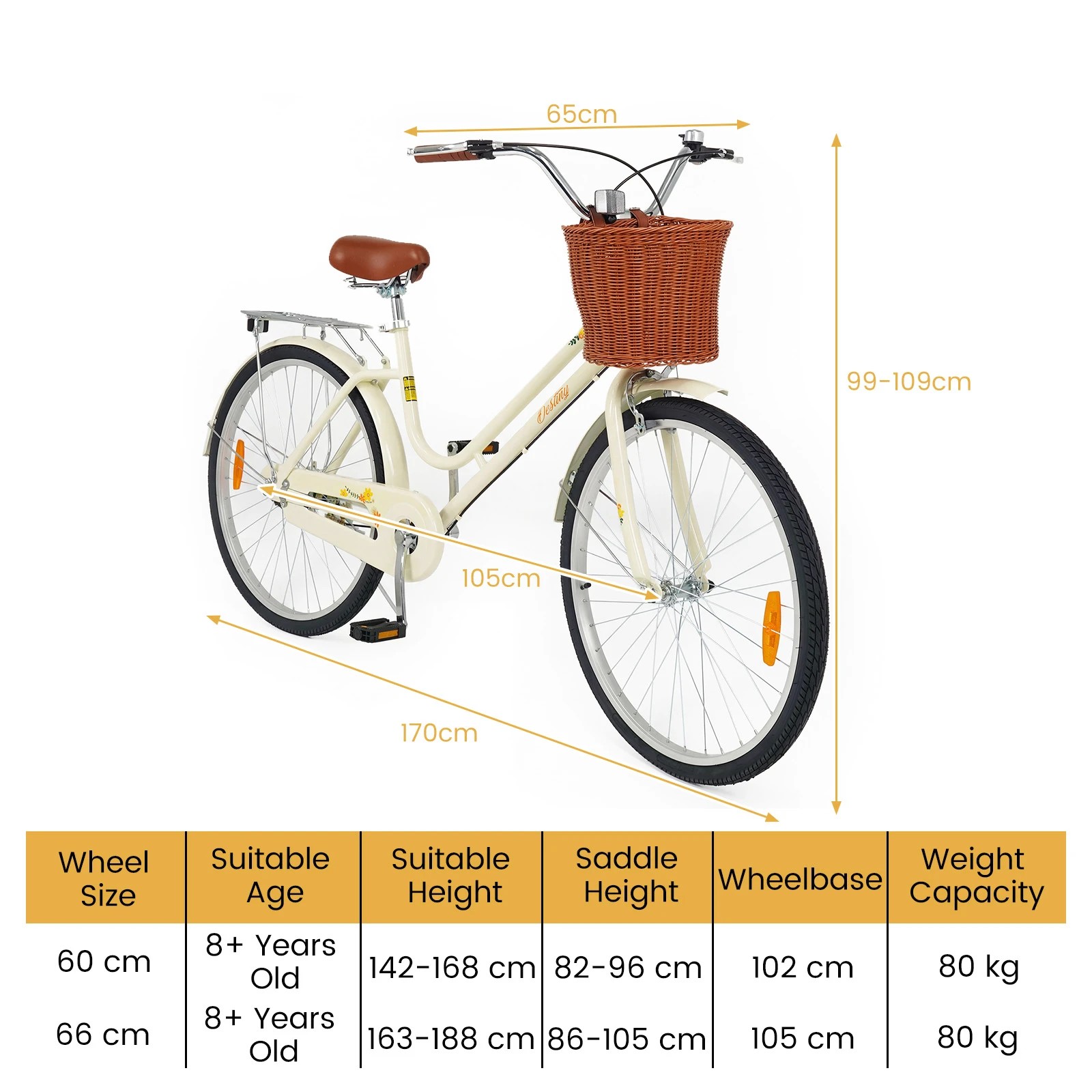 3 Costway 66cm Beach Cruiser Bike Women Commuter Bicycle w/Basket Rack Adult - Beige, 3 of 3