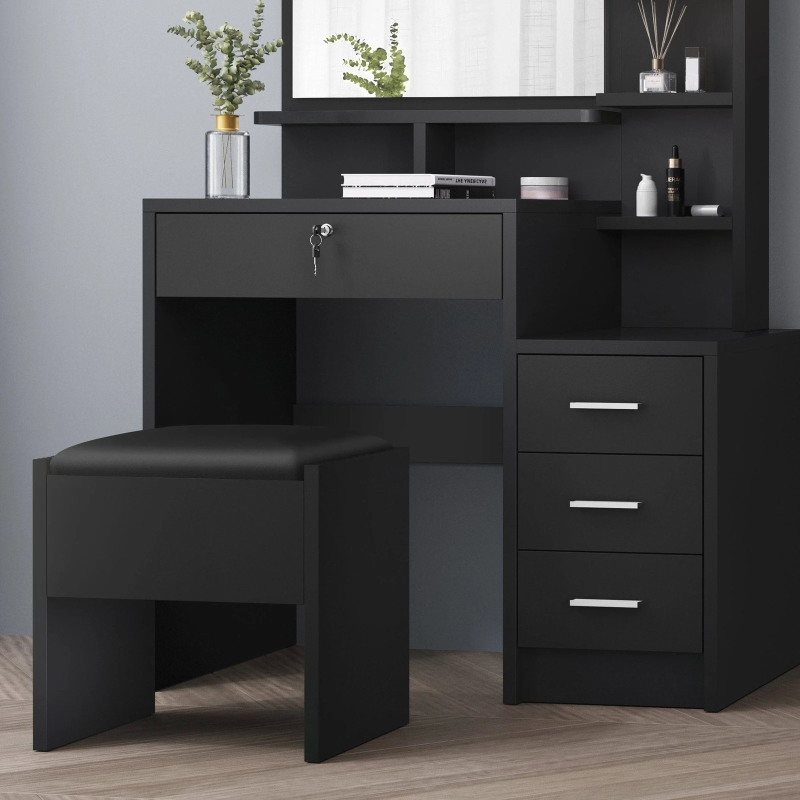 6 Alfordson Dressing Table Stool Set Makeup Mirror Vanity Desk Black - Black, 6 of 10
