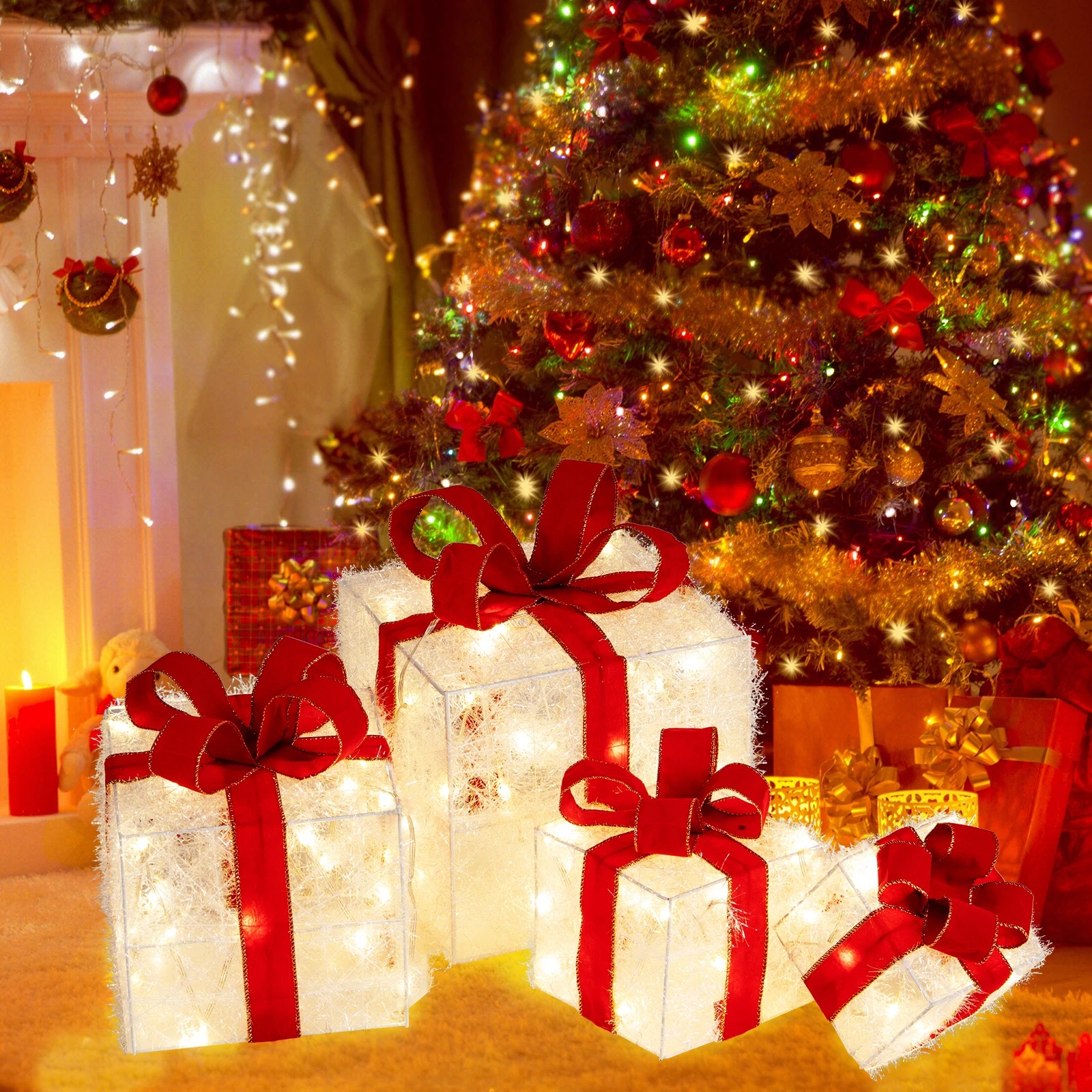 3 Costway Christmas Lighted Gift Boxes Stackable Xmas Boxes w/8 Mode LED Lights & Red Bows, 3 of 3