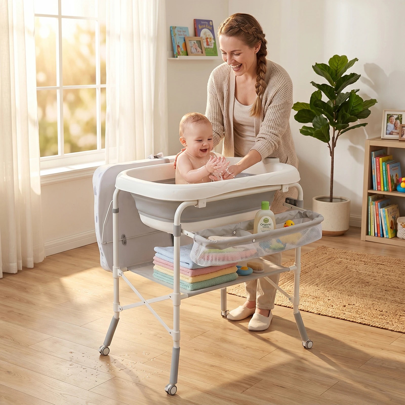 2 Advwin Foldable Baby Bathtub & Changing Table with Storage Rack & Side Basket - White, 2 of 7
