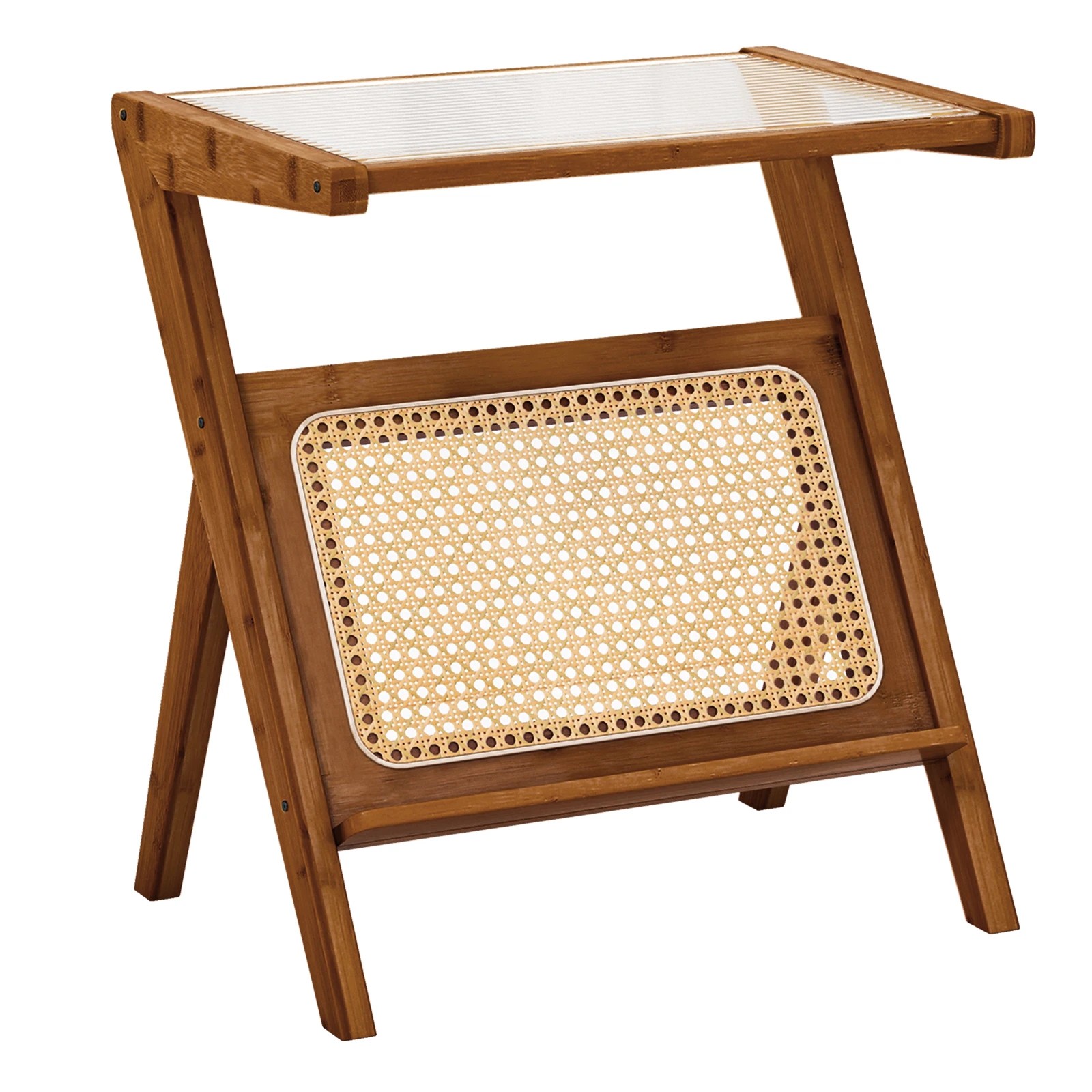 1 Costway Bamboo End Side Table Z-shaped Couch Accent Table w/Magazine Rack, 1 of 4