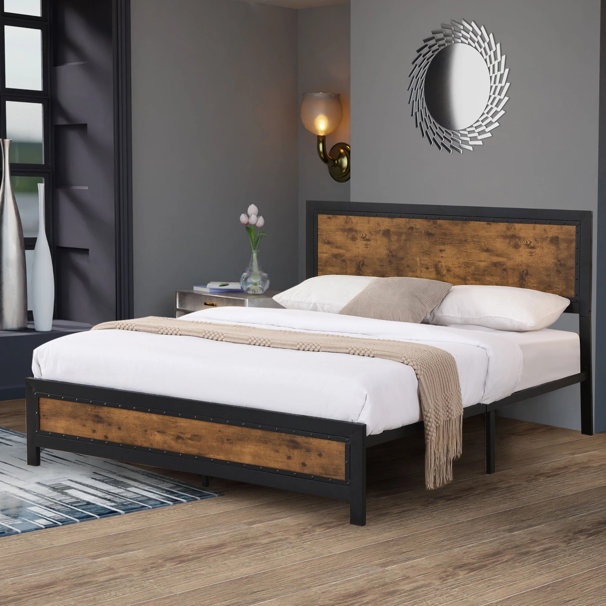 7 Levede Double Size Metal Bed Frame Wooden Brown Bedhead, 7 of 7