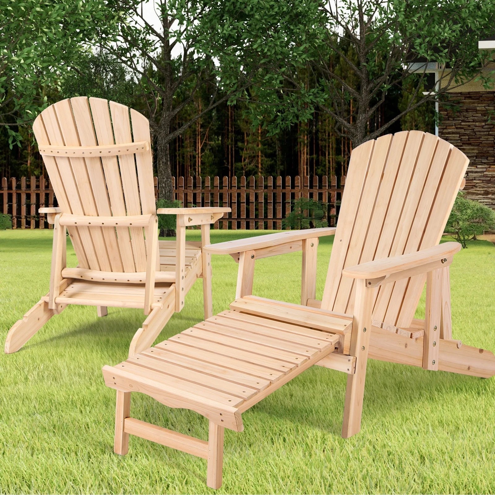 10 Alfordson 2x Outdoor Chairs Wooden Adirondack w/ Ottoman Patio Beach Garden - Natural, 10 of 10
