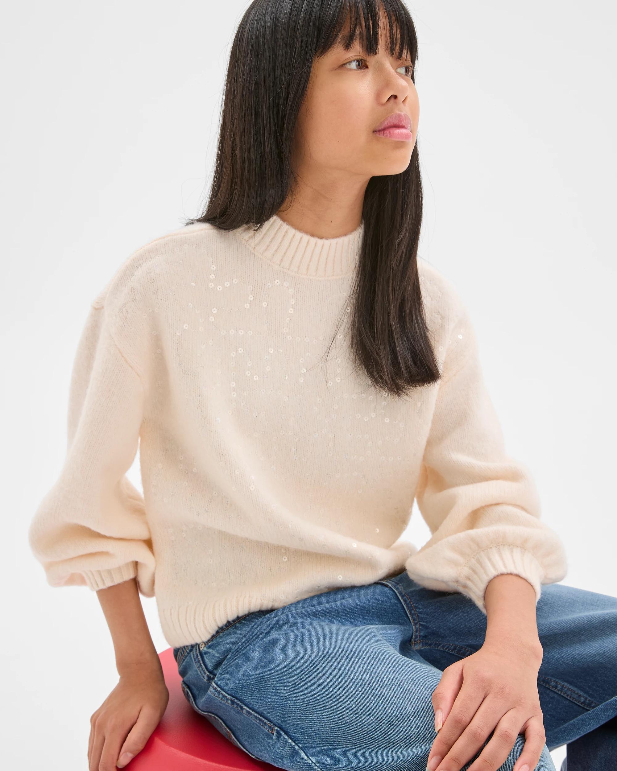 3 Target Kids Sequin Long Balloon Sleeve Knit Jumper CREAM, 3 of 7