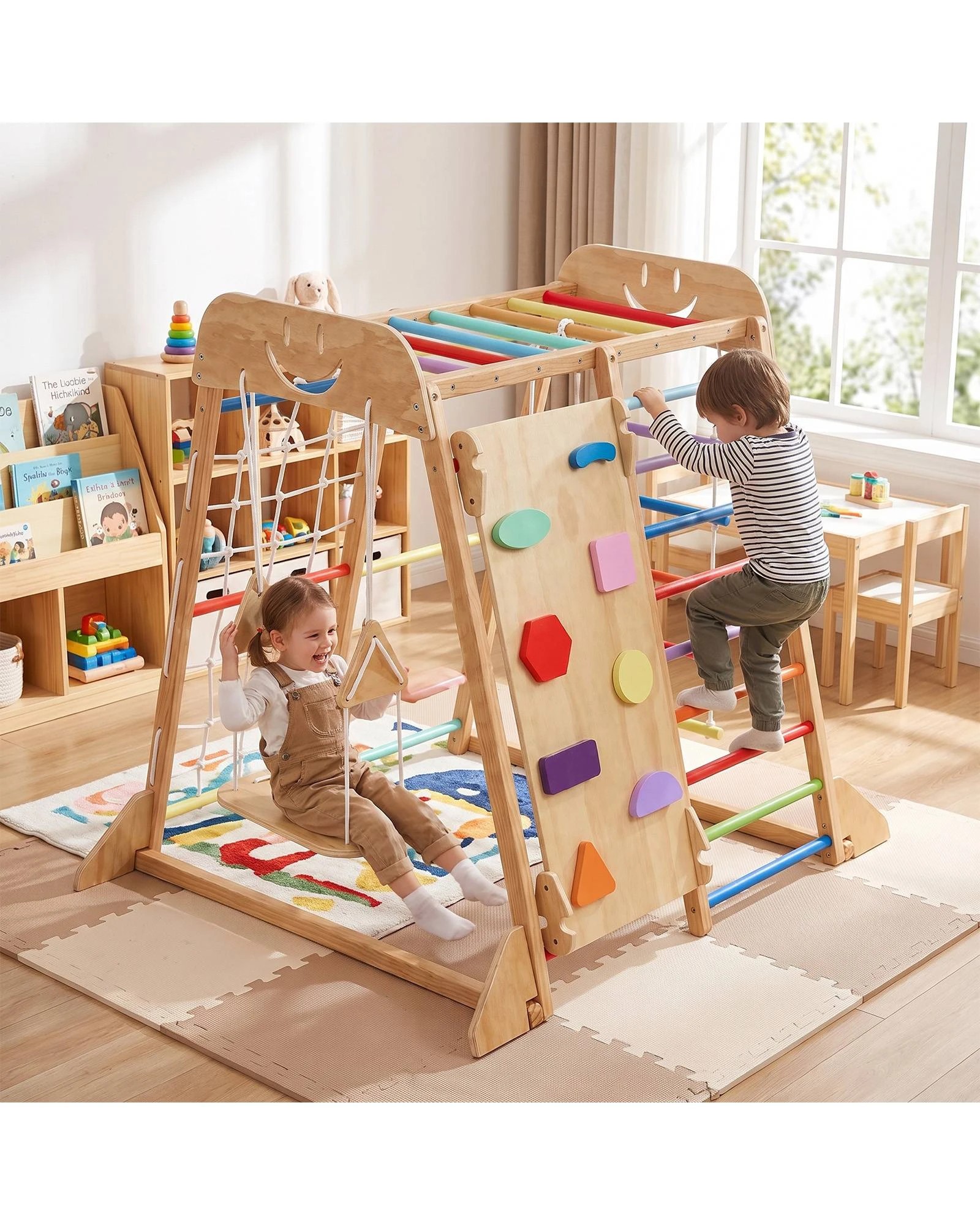 1 Advwin  Kids Climbing Frame with Slide and Swing Montessori Wooden Climbing Set with Monkey Bars and Rope Ladder - Multi, 1 of 9