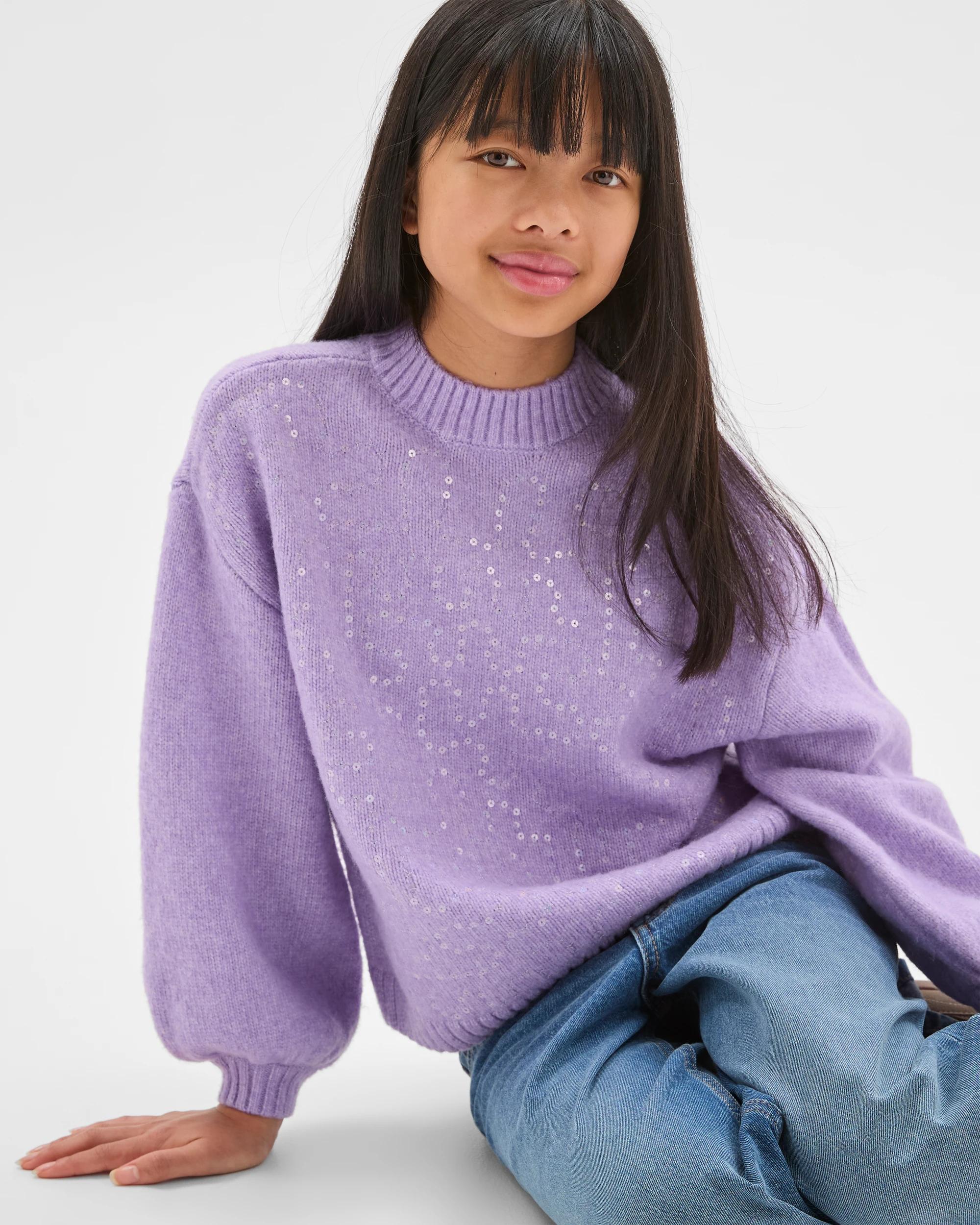 1 Target Kids Sequin Long Balloon Sleeve Knit Jumper PURPLE, 1 of 6