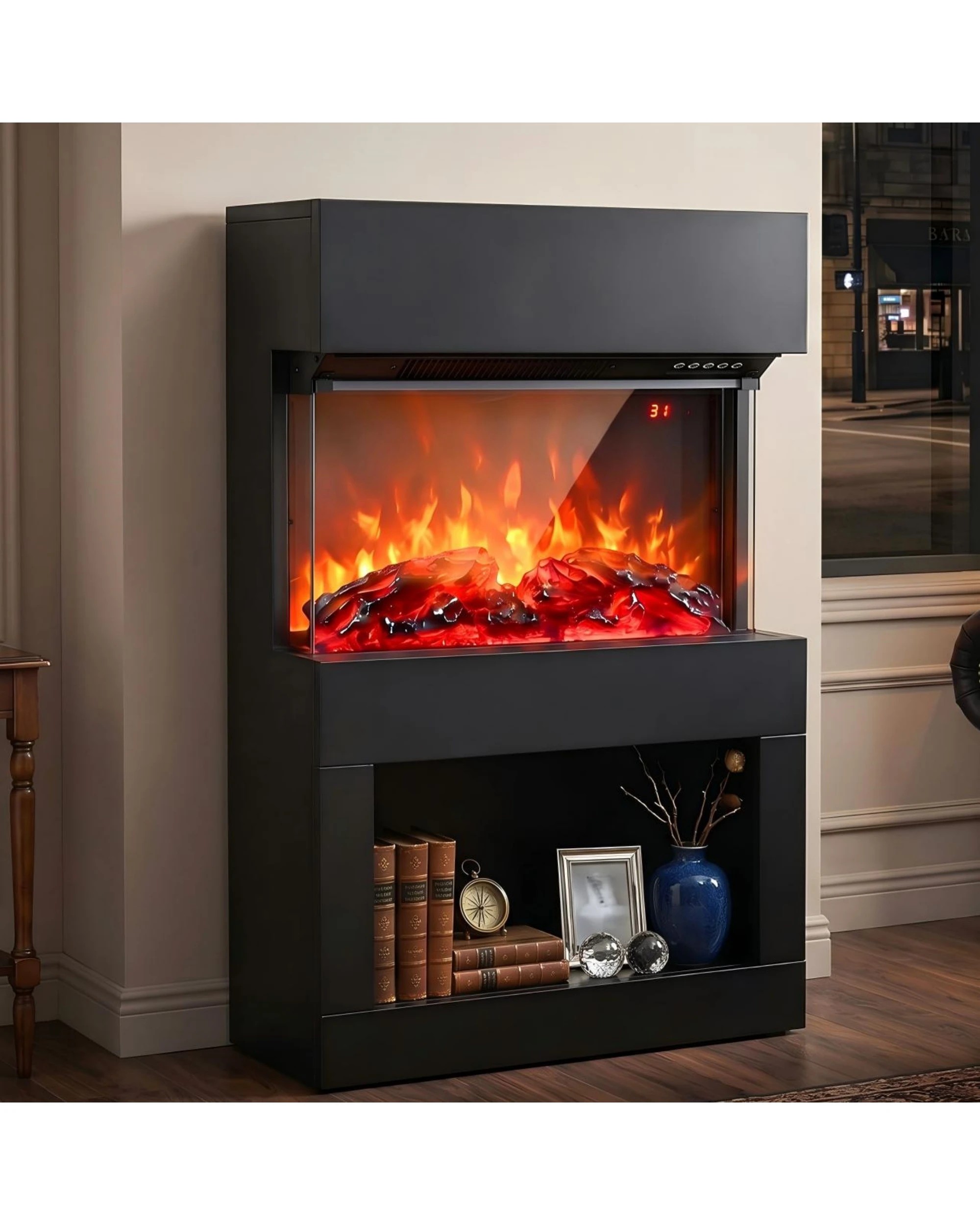 6 Yopower Electric Fireplace with Lower Storage 3D Flame 2-Heat Level Timer Remote - Black, 6 of 7