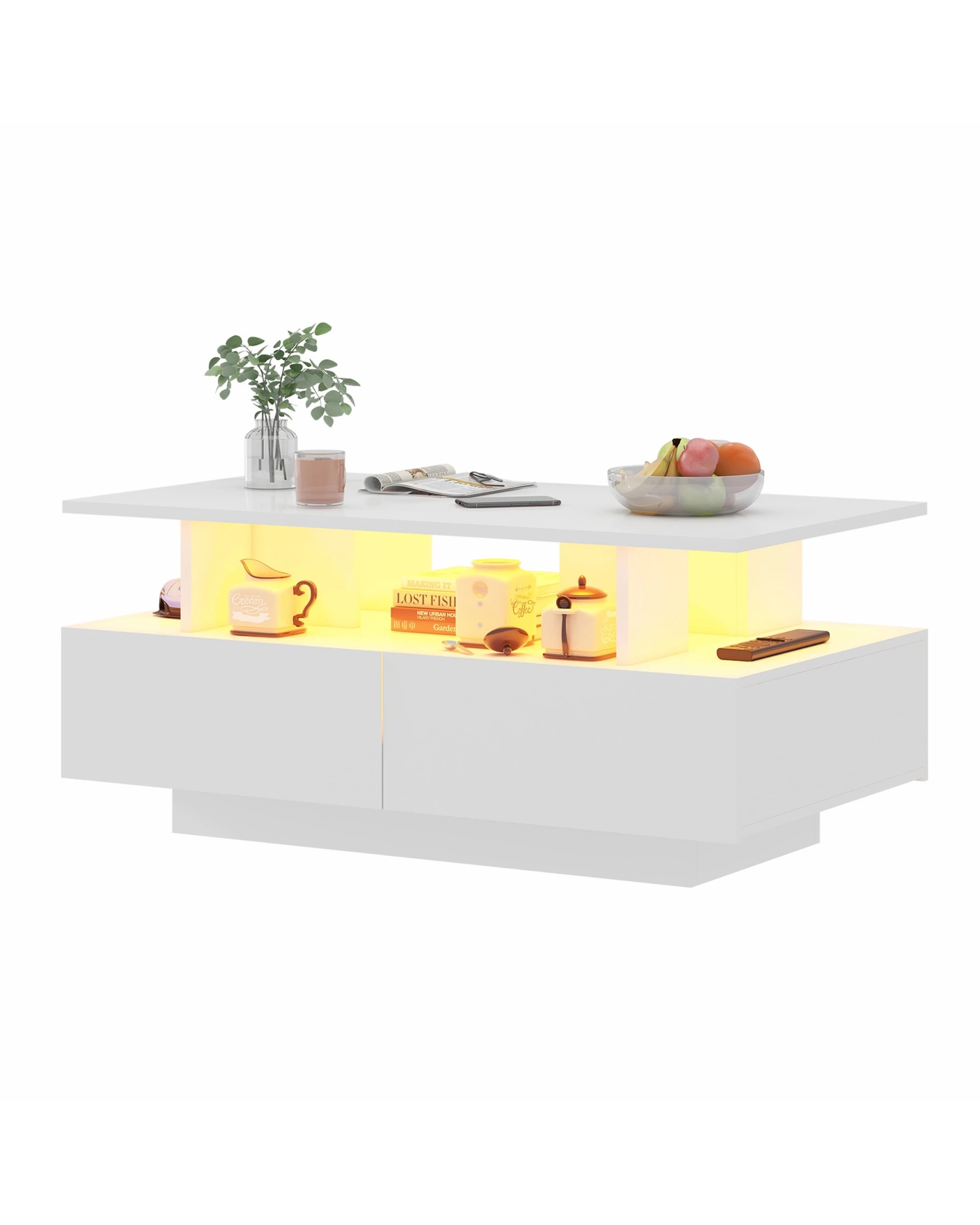 6 Advwin LED Coffee Table w/ 4 Storage Drawers High Gloss Central Table w/ Open Display Shelf, 6 of 8