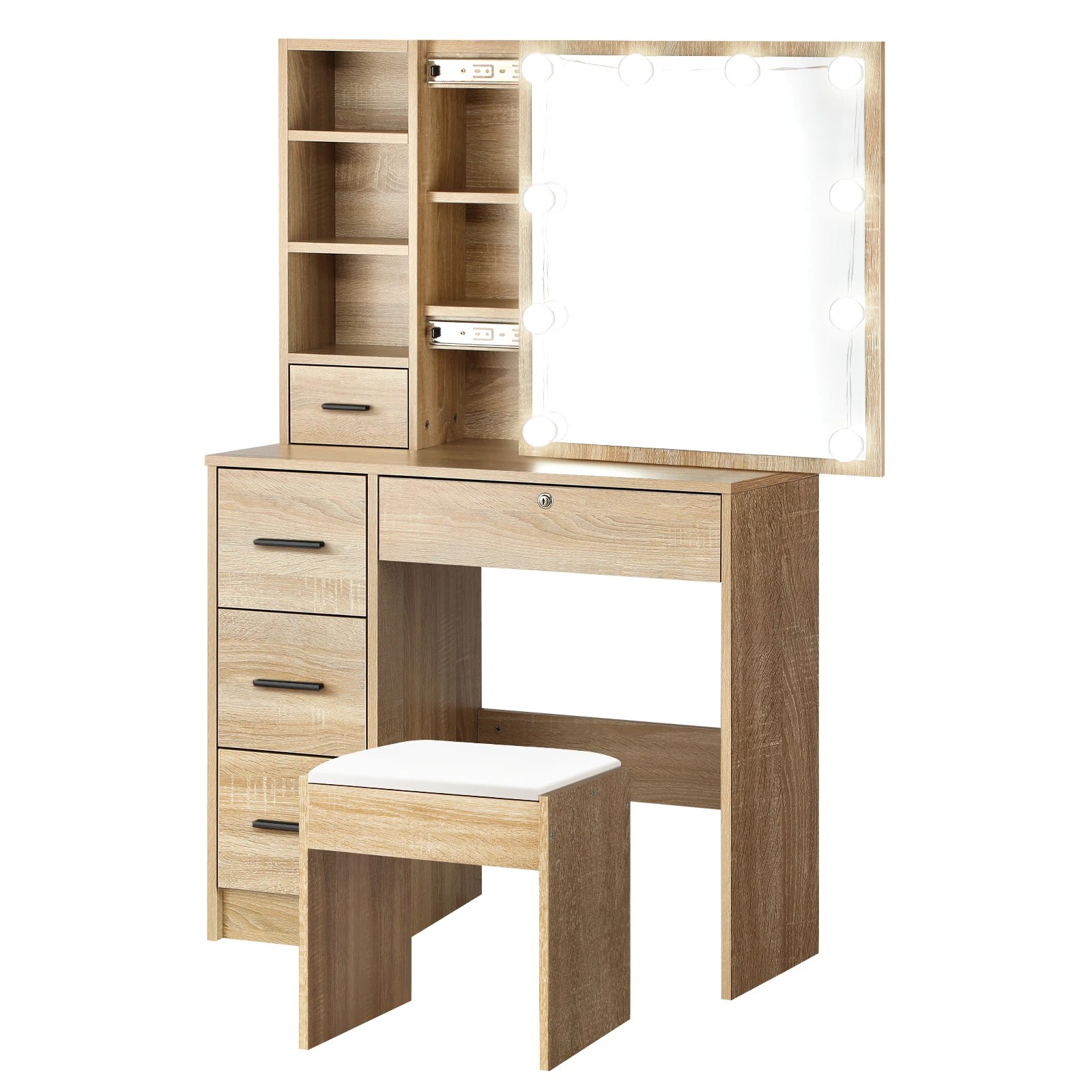 1 Oikiture Dressing Table Stool Set Makeup Slide Mirror Drawer 10 Led Bulbs Wooden
 - Natural, 1 of 9