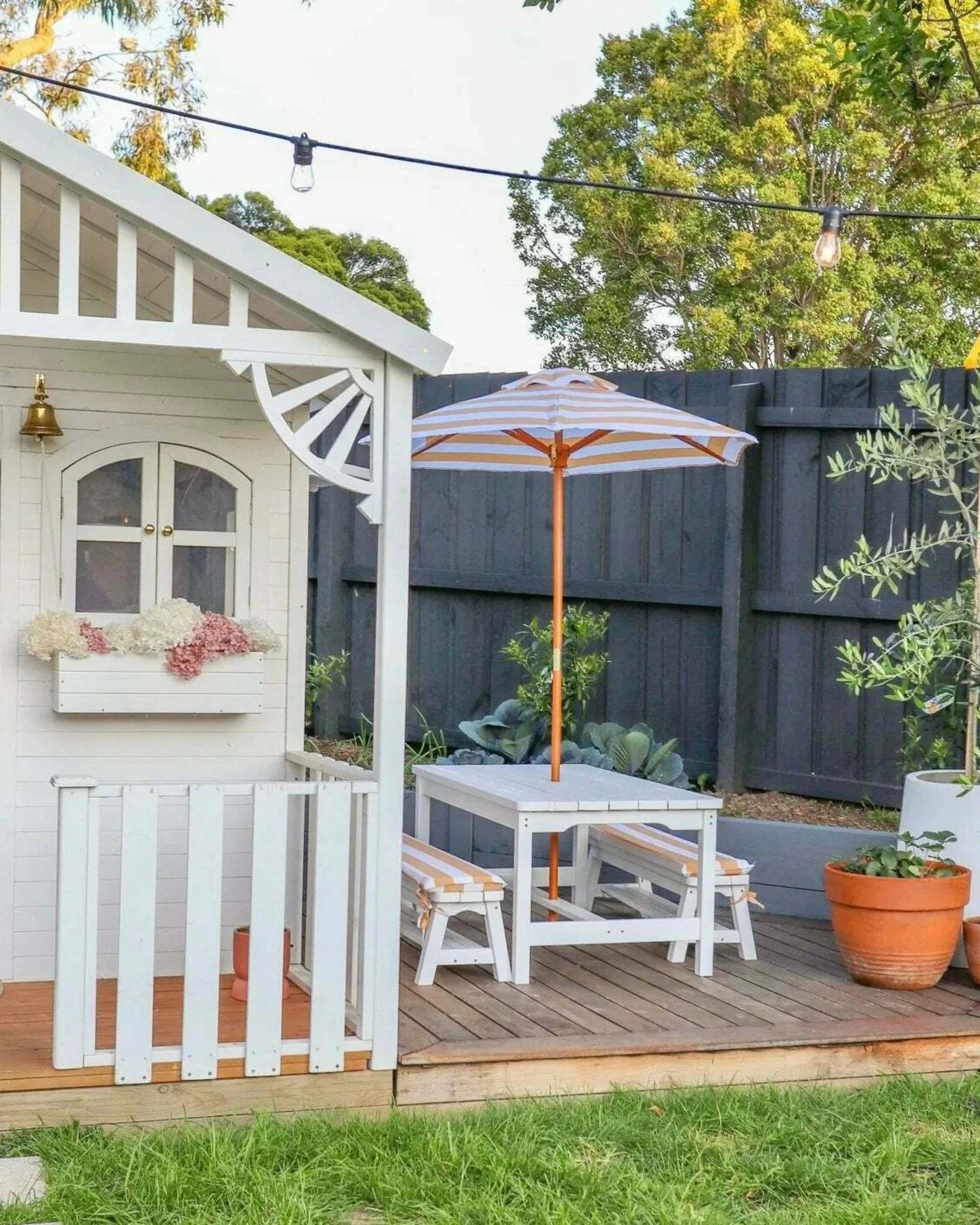 6 Hide & Seek Kids Picnic Table & Bench Set with Umbrella - Navy & White - Blue, 6 of 6
