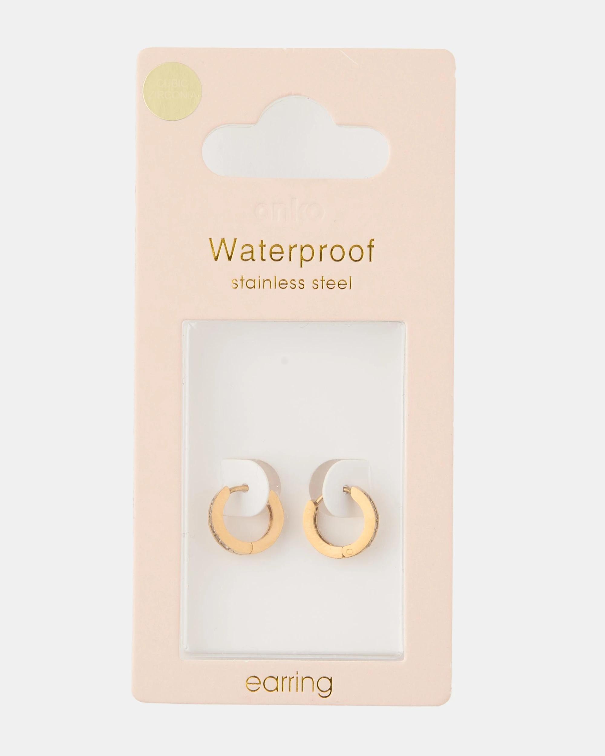 4 Waterproof Stainless Steel Stone Hoop Earrings - Gold Tone Gold, 4 of 4